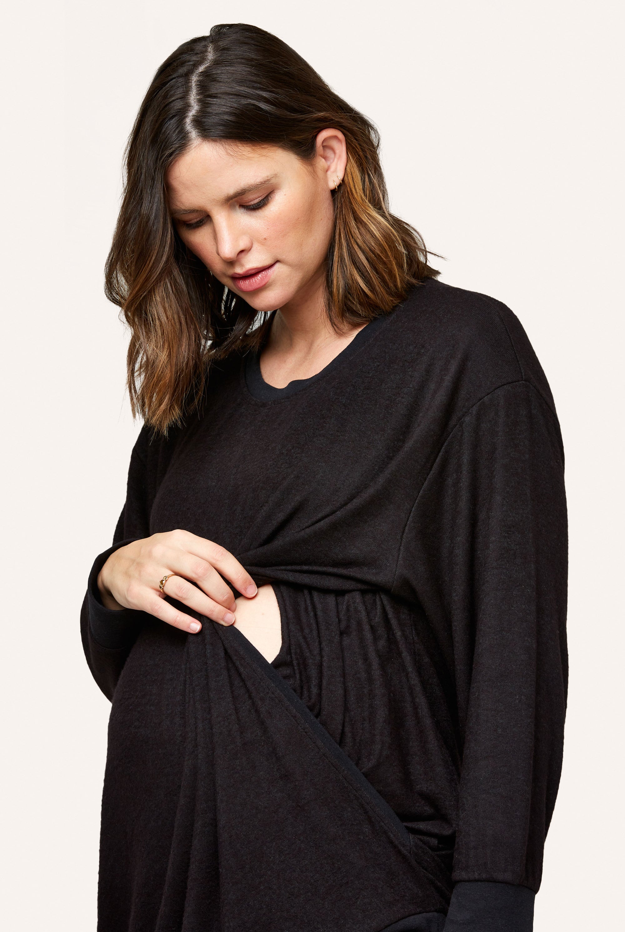 NOM Maternity Jo Nursing Sweatshirt in Black, showing nursing access
