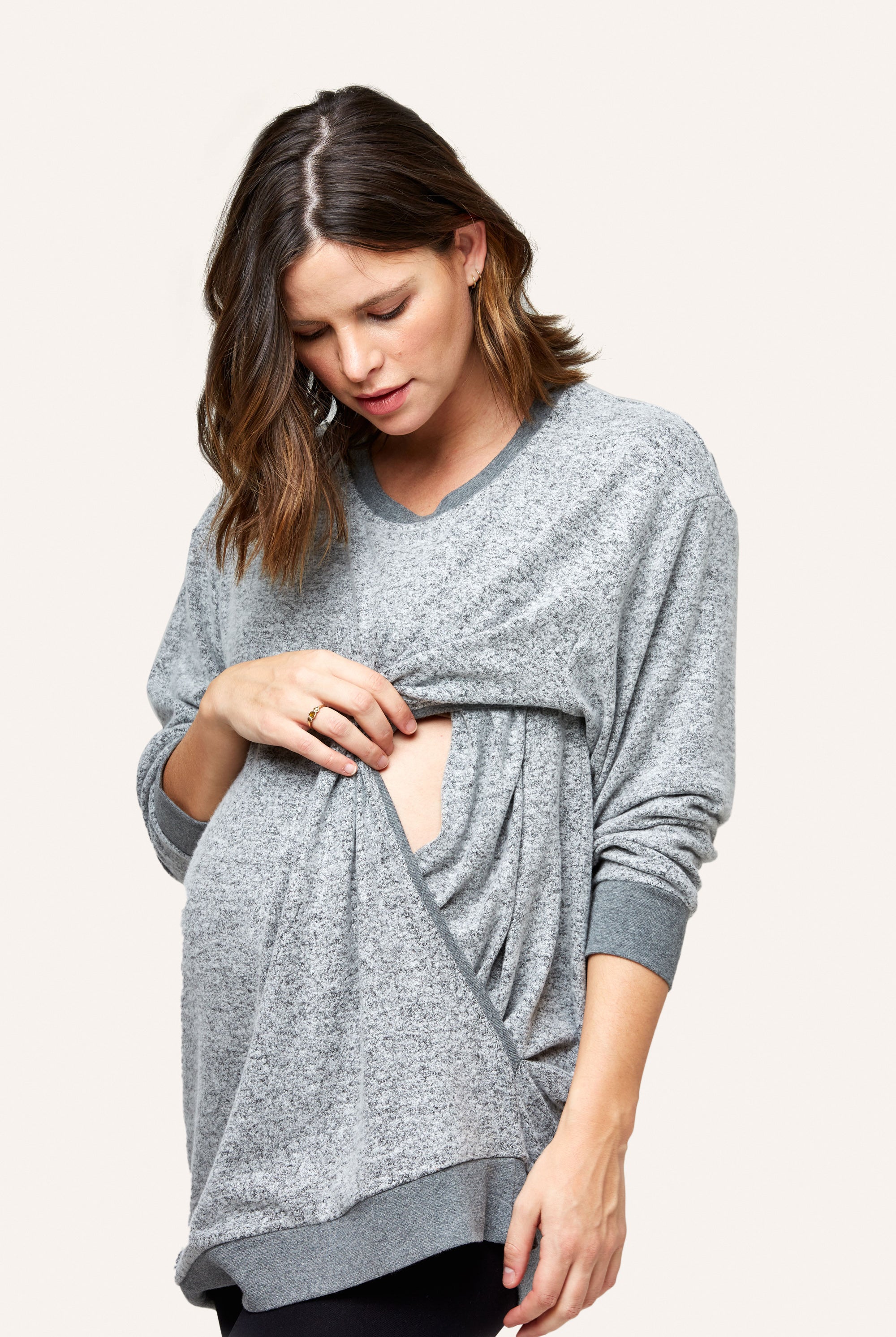 NOM Maternity Jo Nursing Sweatshirt in Gray, showing nursing access