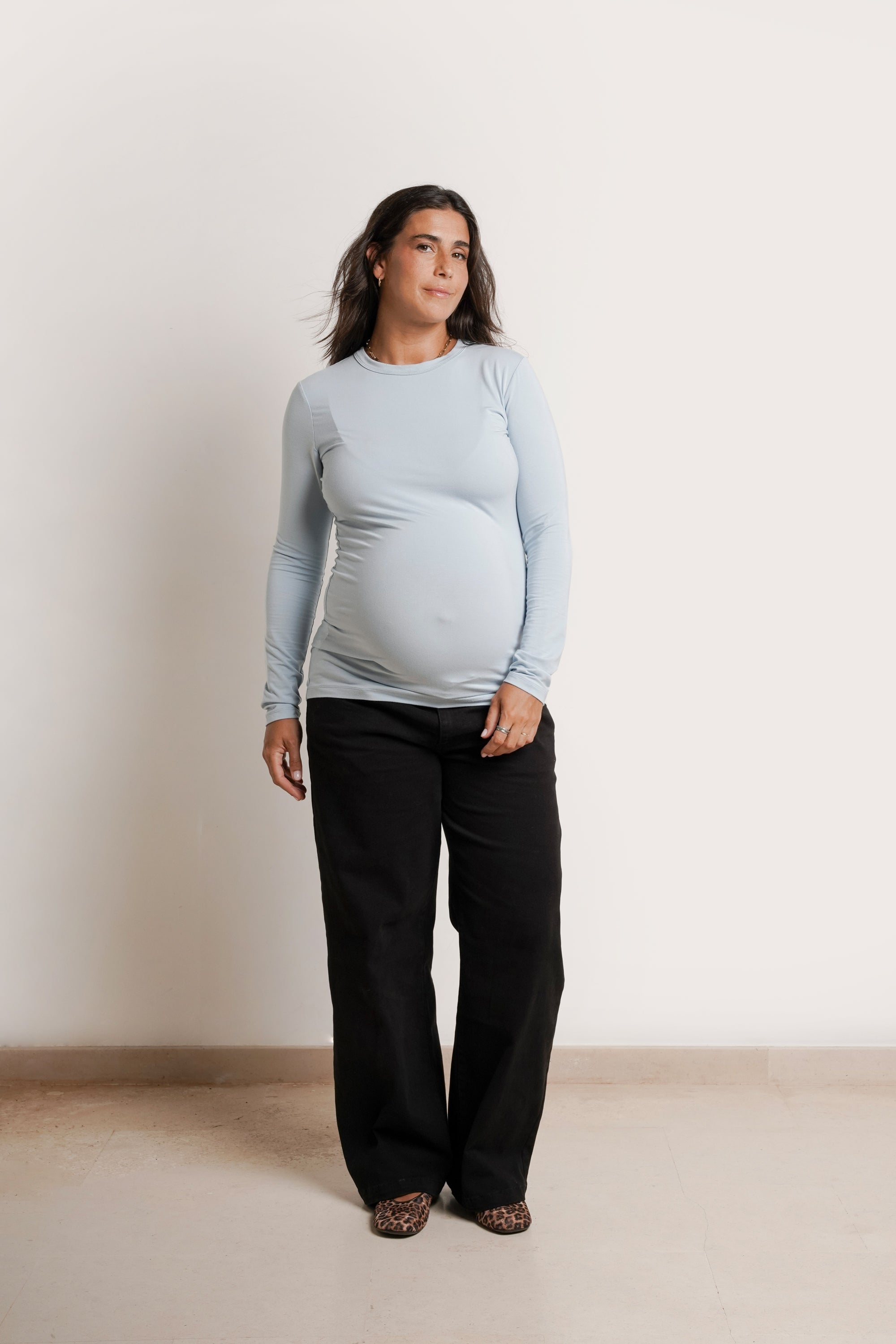 NOM Maternity Liv Long Sleeve Crew Neck Tee in Ice Blue, full front view