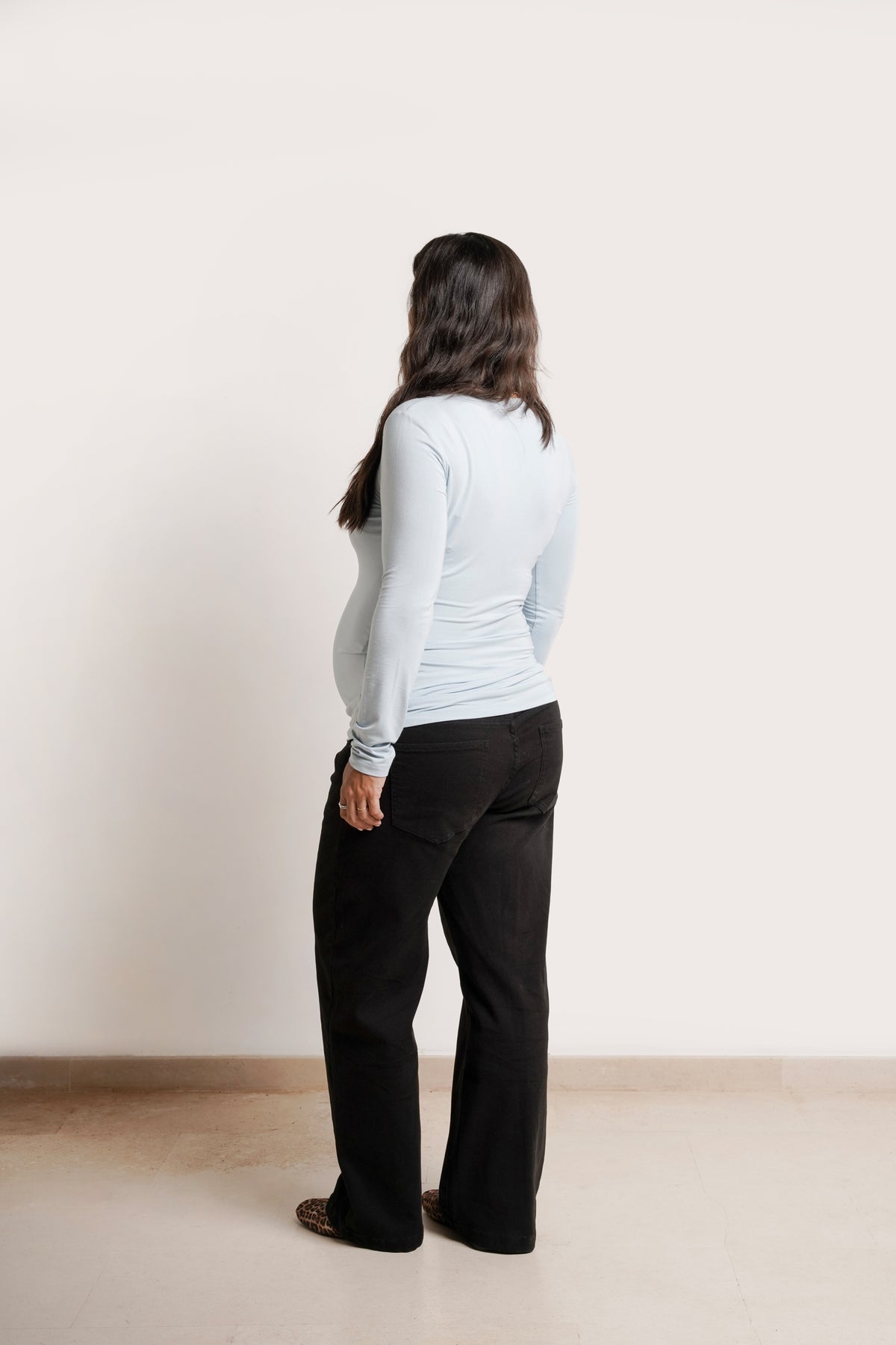 NOM Maternity Liv Long Sleeve Crew Neck Tee in Ice Blue, side back view