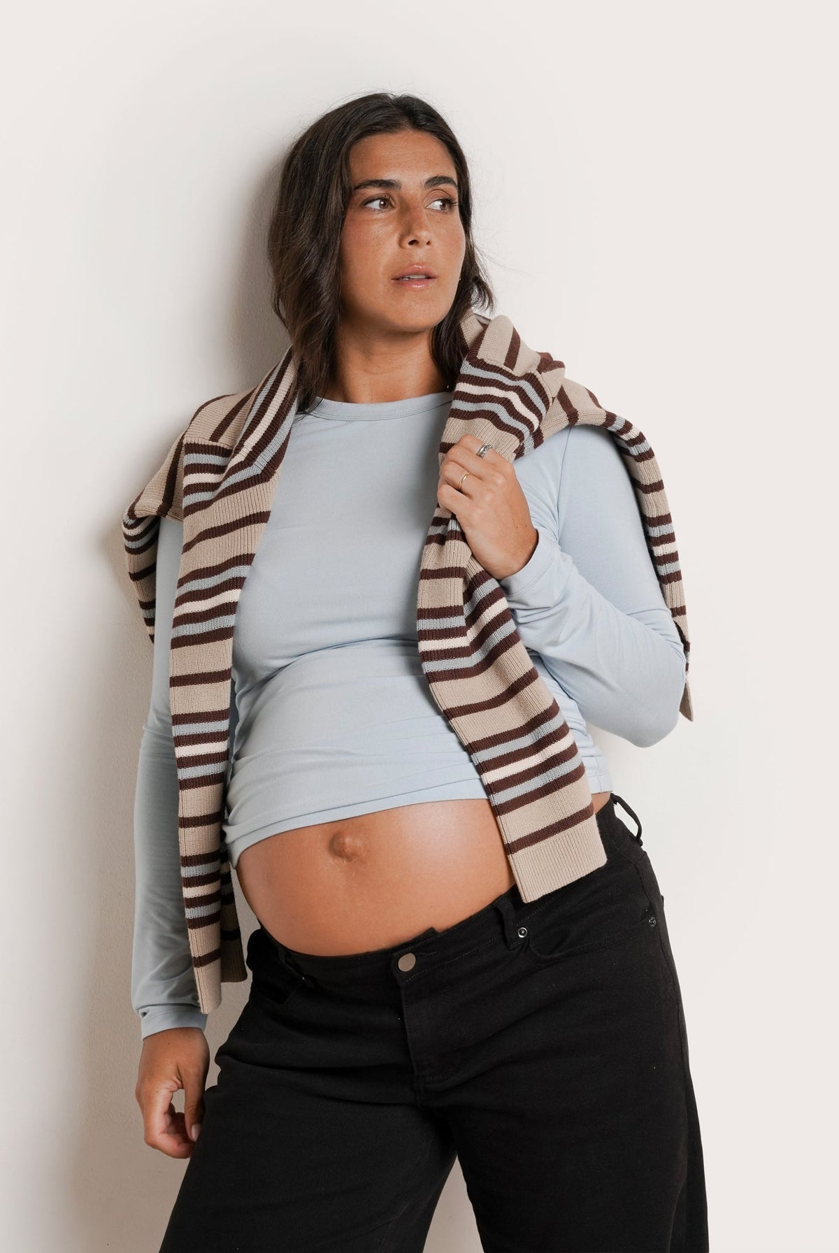 NOM Maternity Liv Long Sleeve Crew Neck Tee in Ice Blue, three-quarter view styled