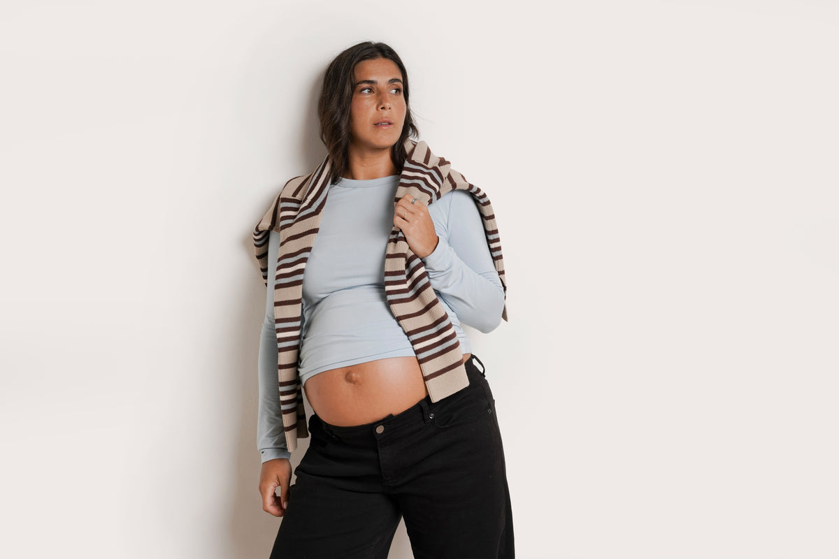 NOM Maternity Liv Long Sleeve Crew Neck Tee in Ice Blue, three-quarter view styled