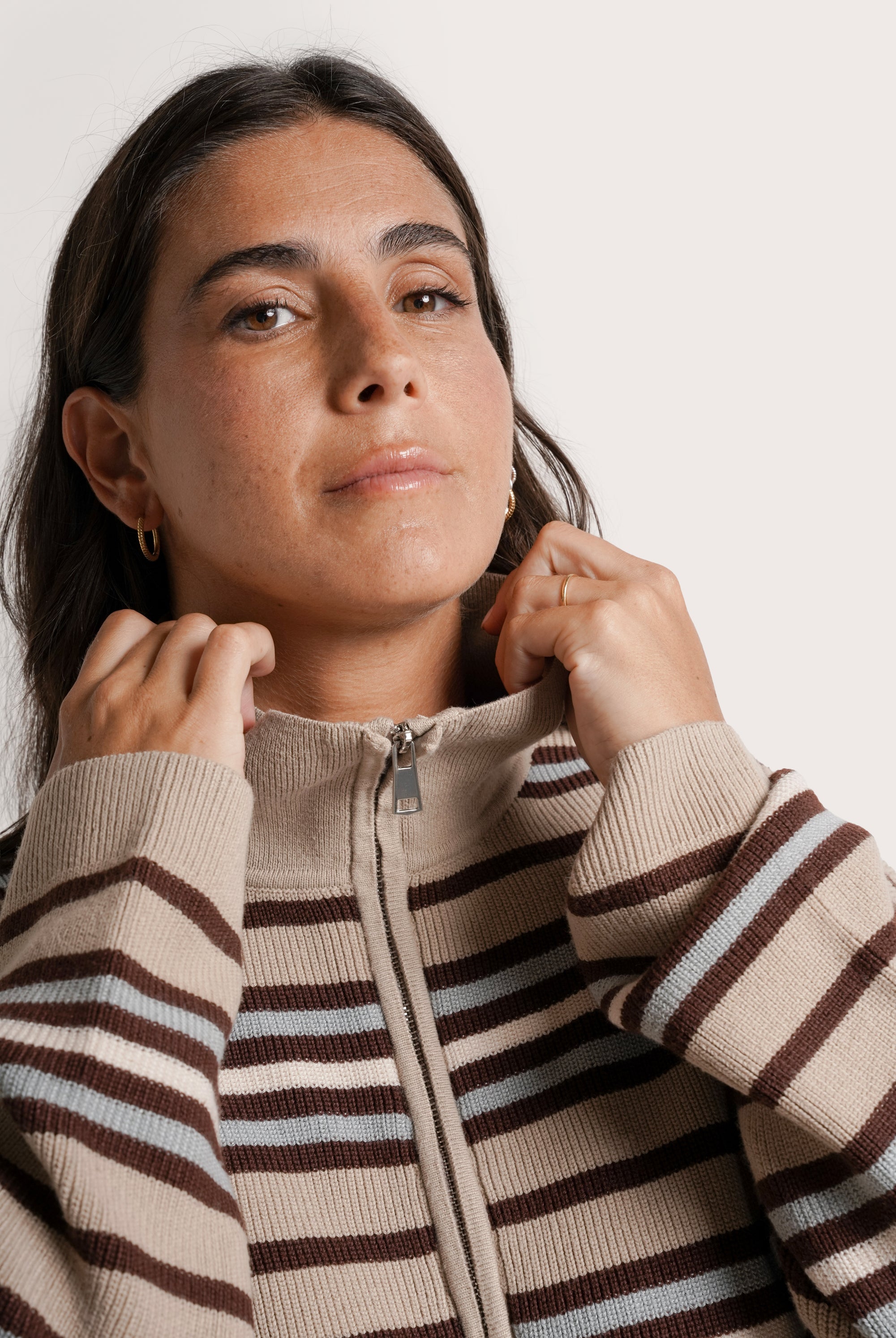 NOM Maternity Blaire 3/4 Zip Sweater in Ice Stripe, close-up view of collar, zipper and sleeves