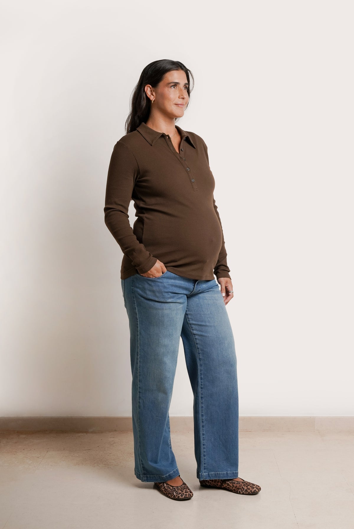 NOM Maternity Paige Polo Nursing Tee in Chocolate, three-quarter view with bump