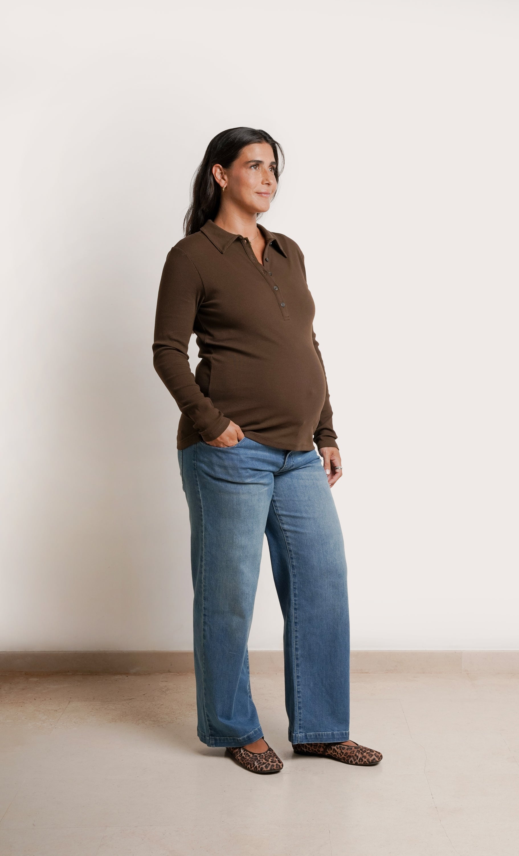 NOM Maternity Paige Polo Nursing Tee in Chocolate, three-quarter view with bump
