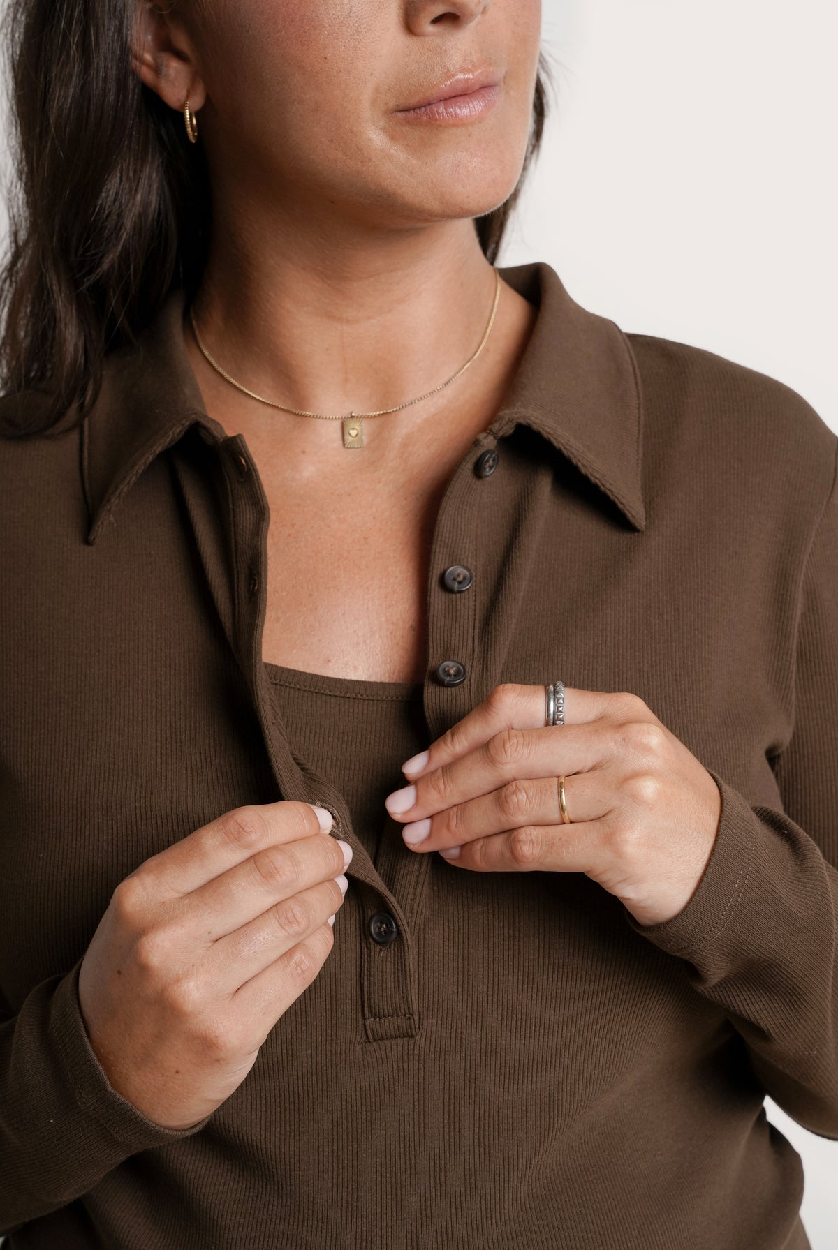 NOM Maternity Paige Polo Nursing Tee in Chocolate, close-up view of collar and buttons for nursing access