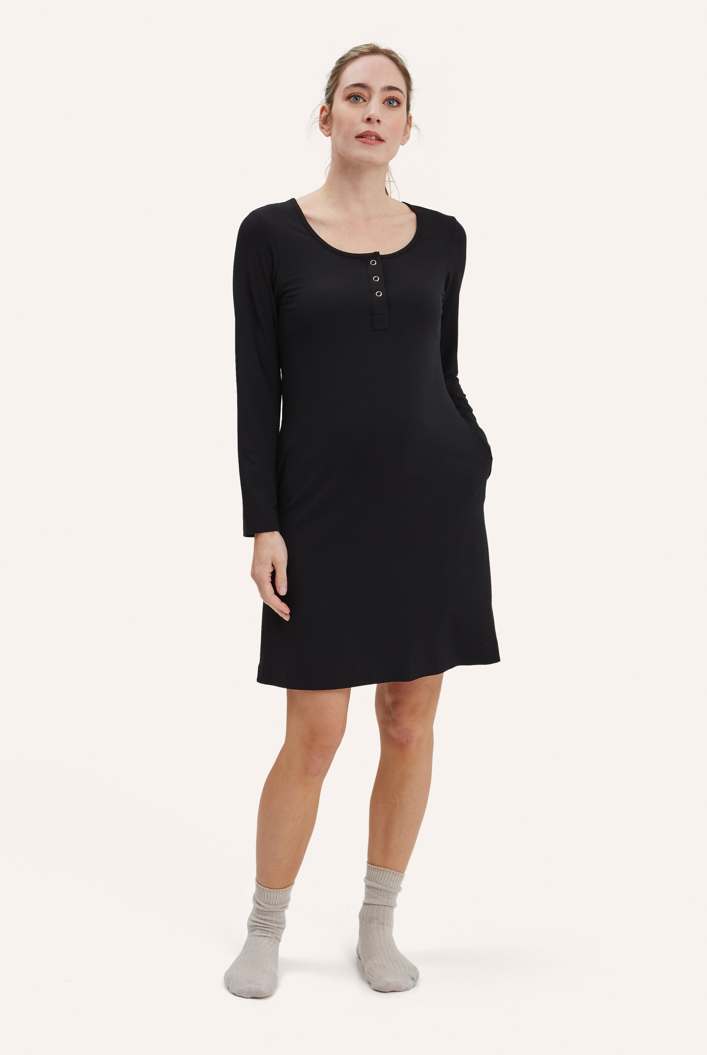 NOM Maternity Heart On My Sleeve Nursing Nightgown in Black, full front view