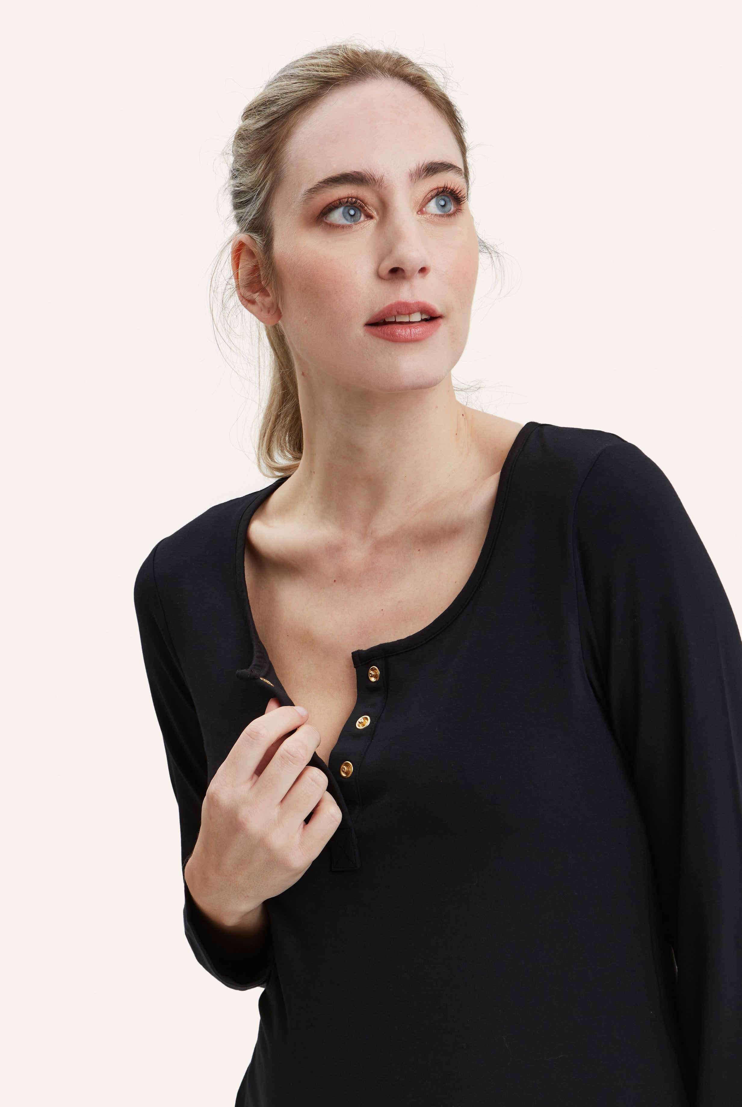 NOM Maternity Heart On My Sleeve Nursing Nightgown in Black, close-up view of nursing access