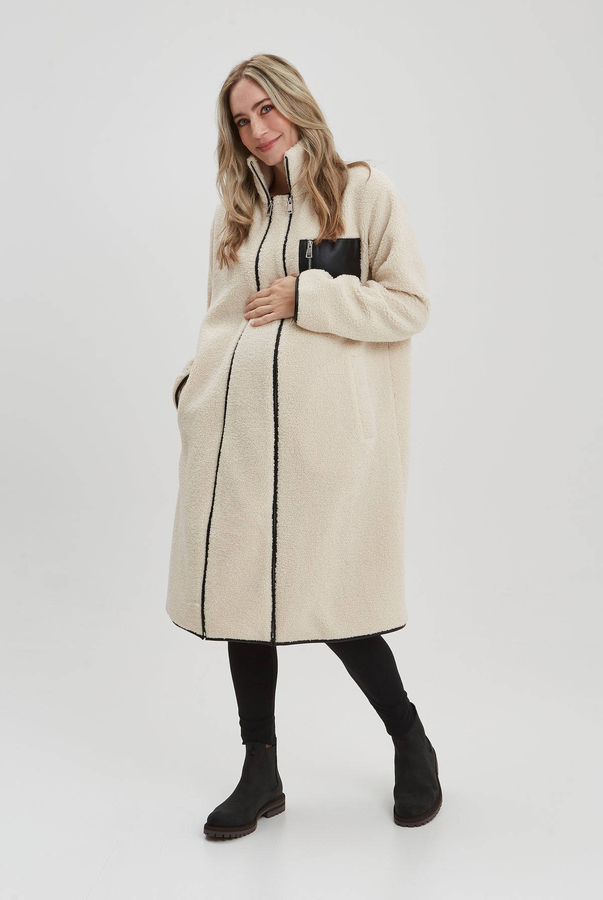 NOM Maternity Teddi Coat in Cream, front view showing zipper panel closed
