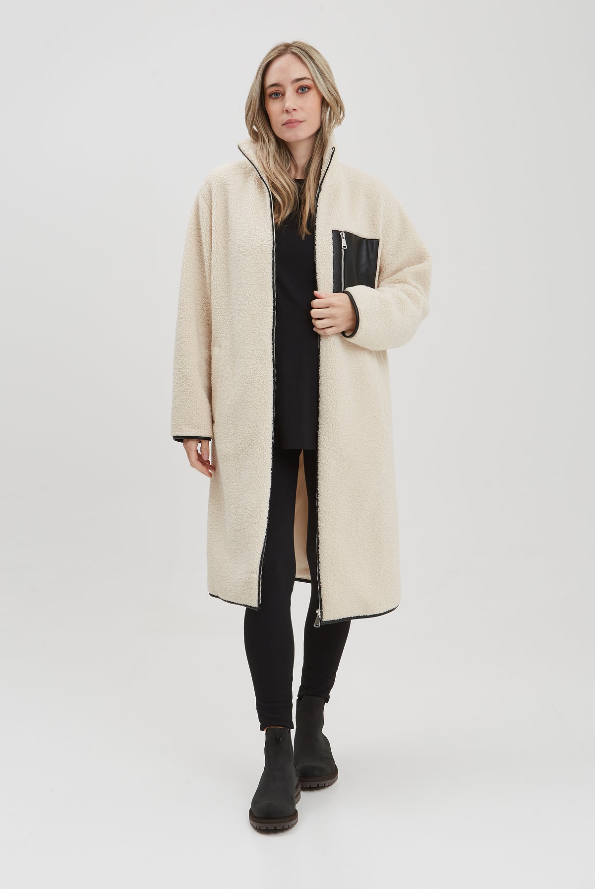 NOM Maternity Teddi Coat in Cream, full front view open