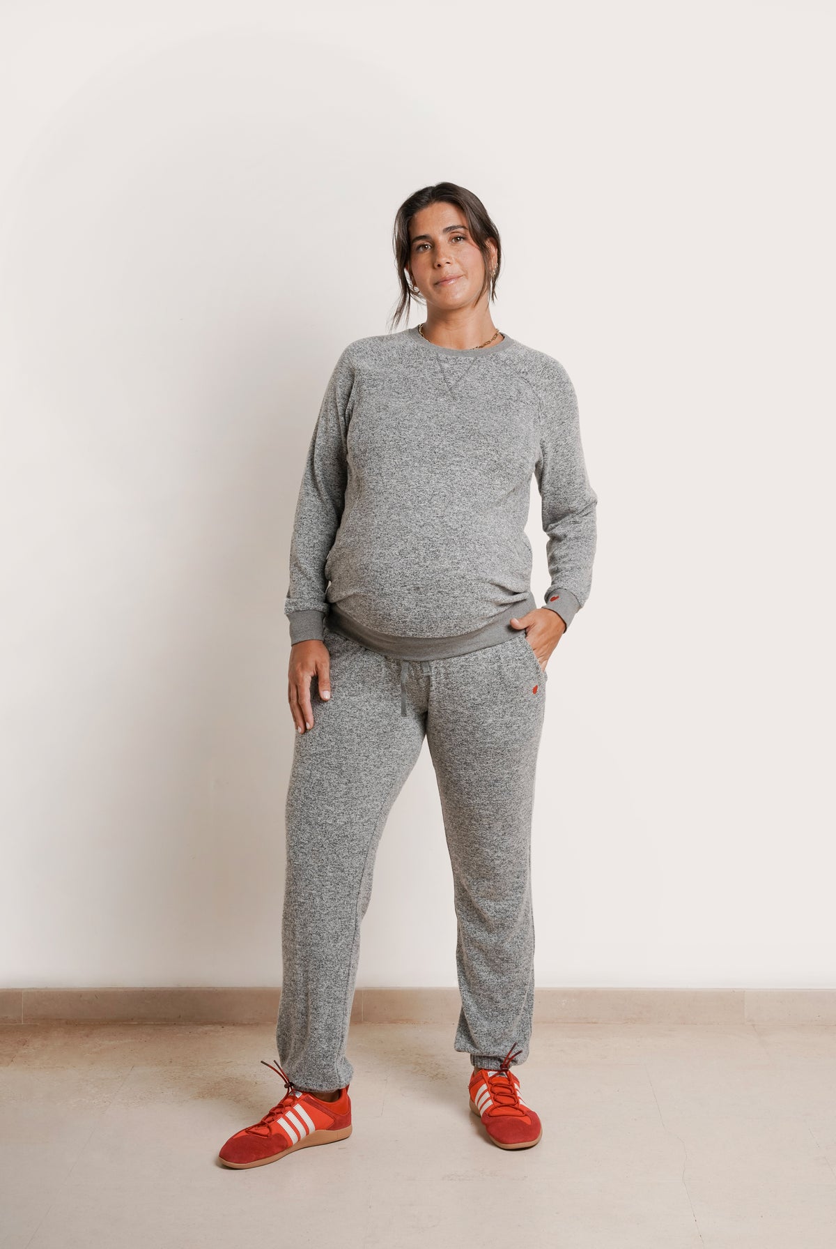 NOM Maternity Heart On My Pocket Sweatpants in Grey, full front view