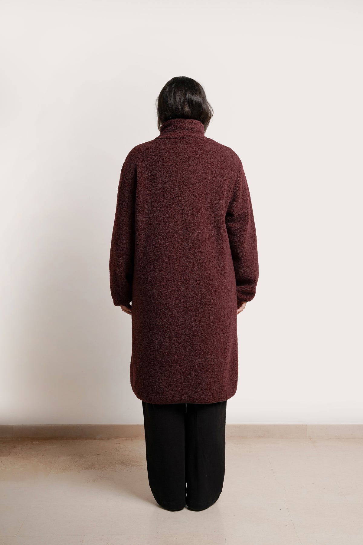 NOM Maternity Teddi Coat in Burgundy, full back view