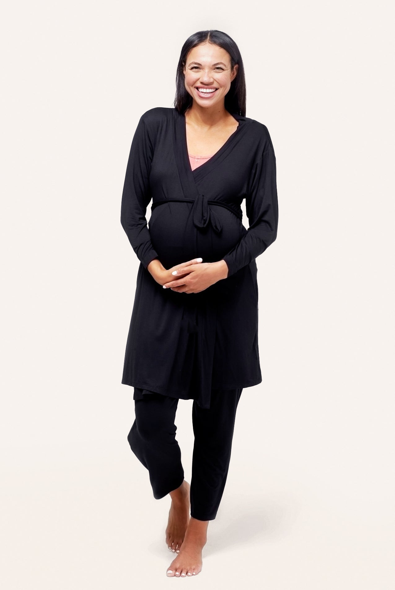 NOM Maternity Second Skin Robe in Black, front view showing wrap, with bump