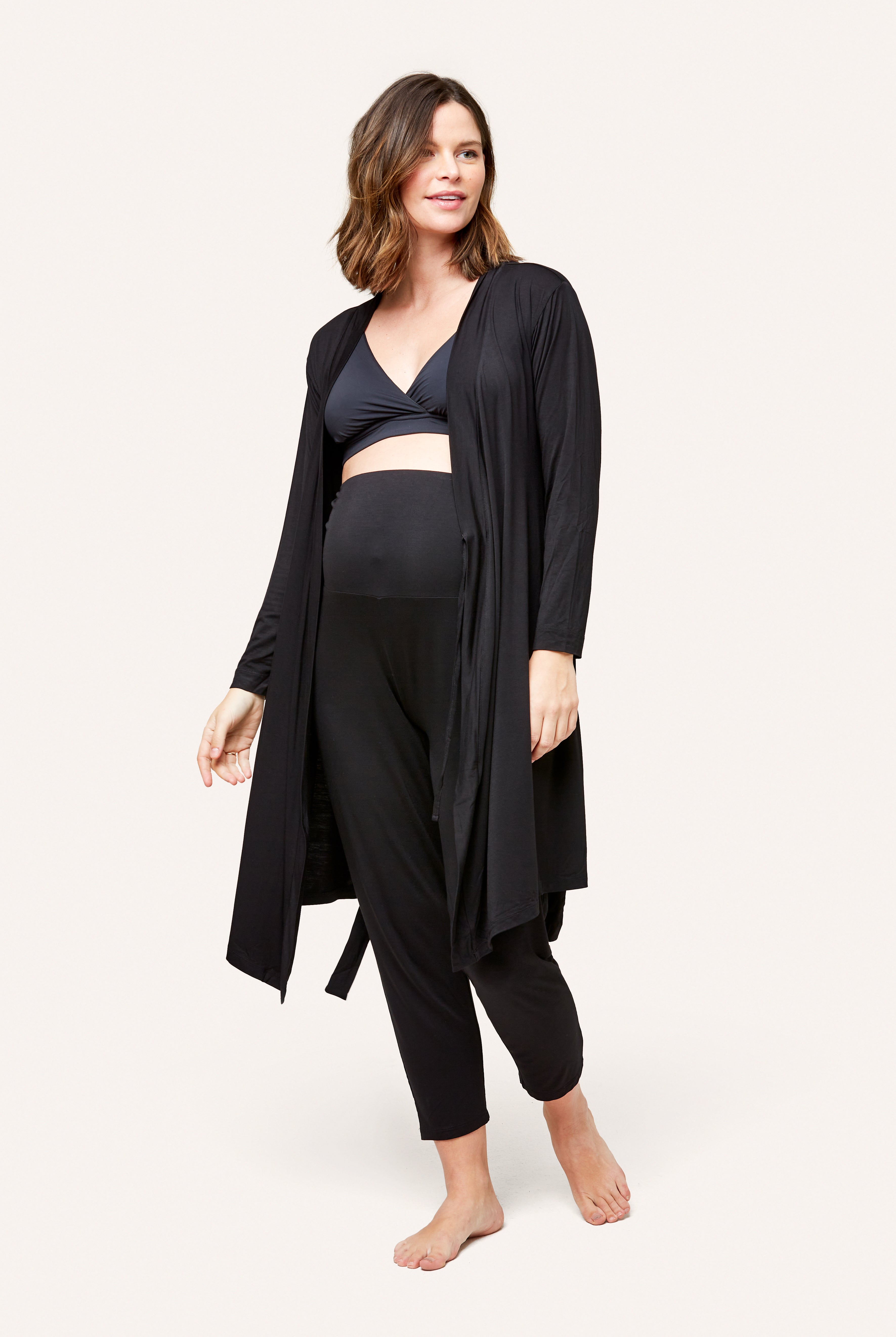 NOM Maternity Second Skin Robe in Black, three-quarter view open