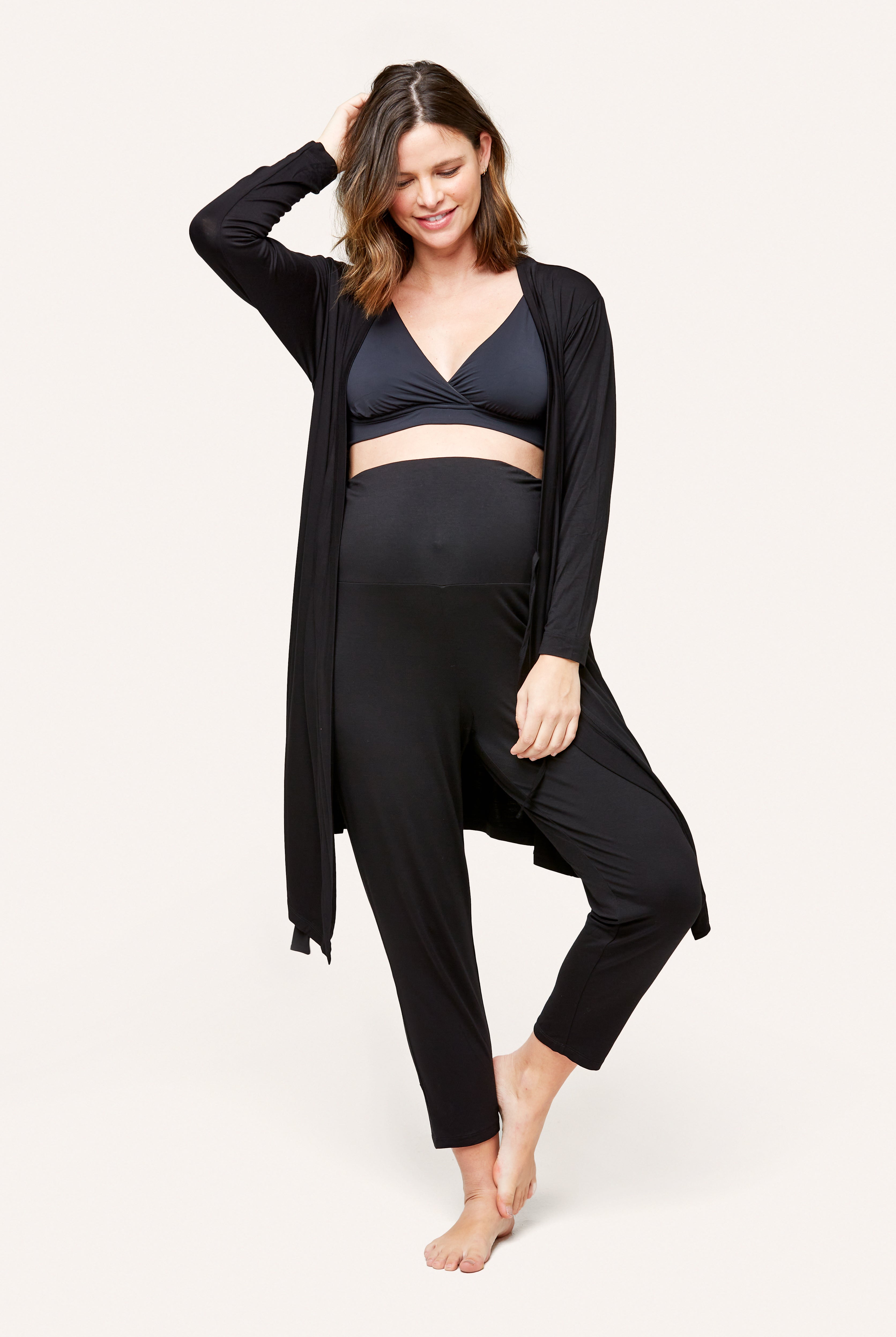 NOM Maternity Second Skin Robe in Black, front view open