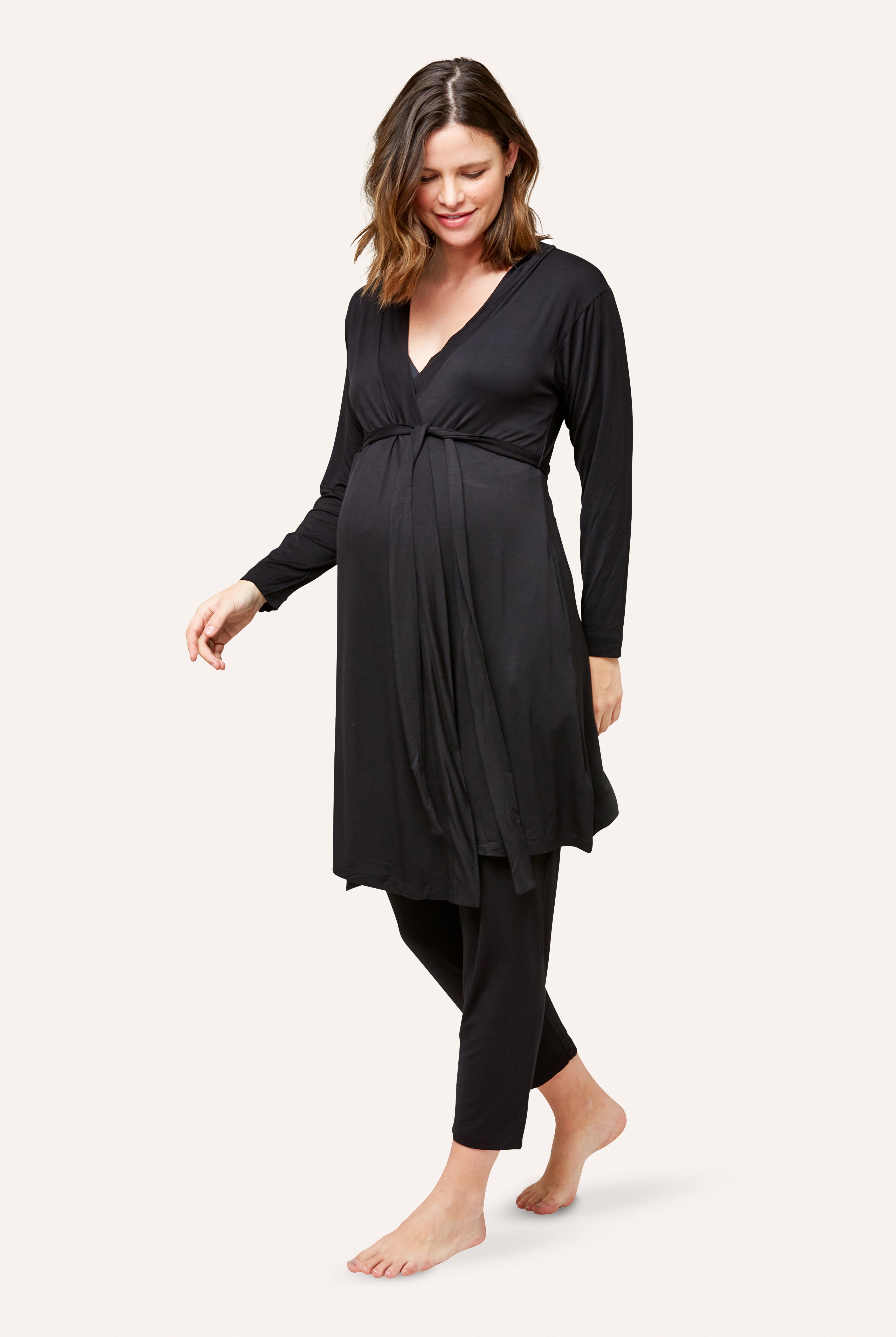 NOM Maternity Second Skin Robe in Black, front view closed