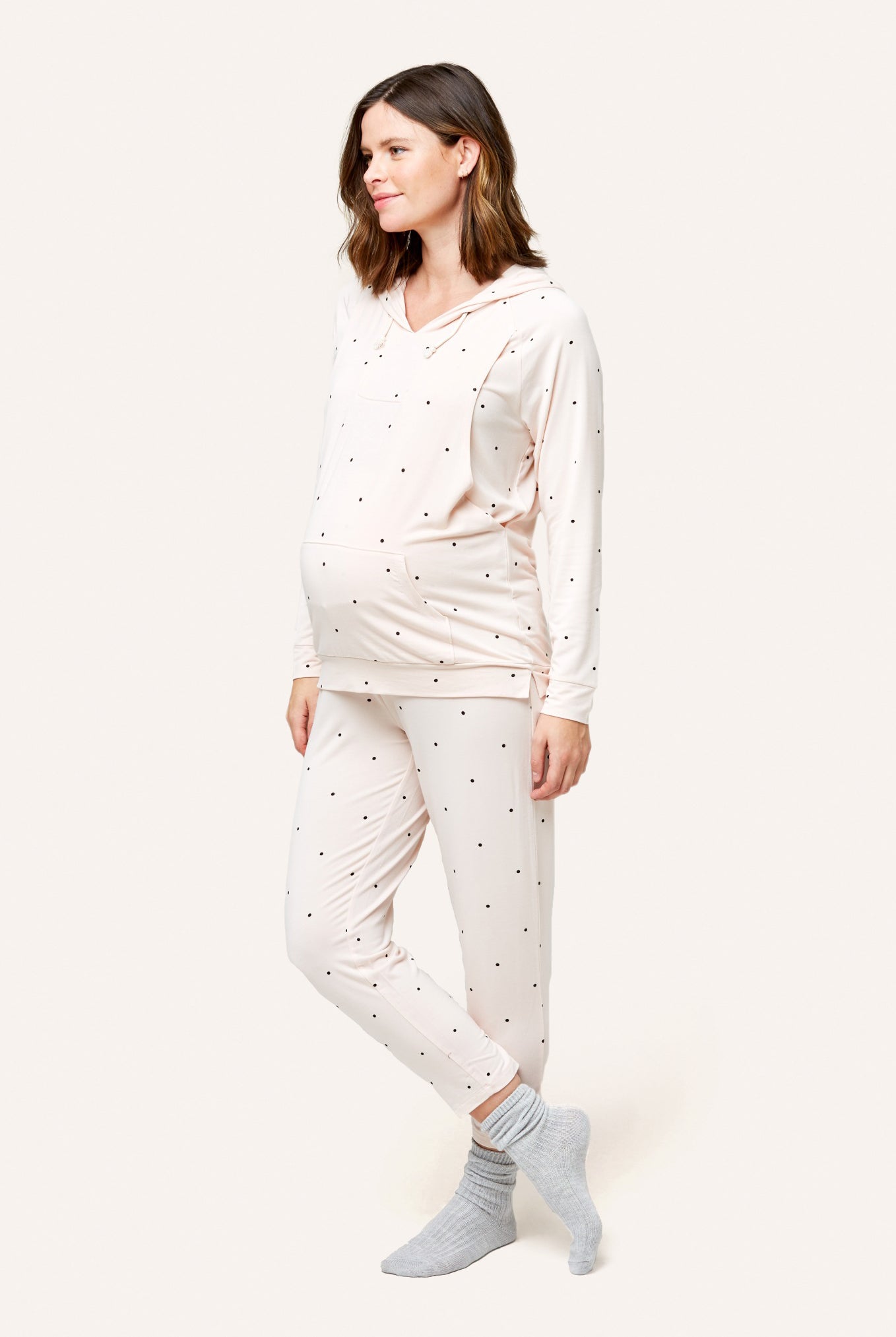 NOM Maternity Simone Hoodie in Dots, three-quarter view with bump