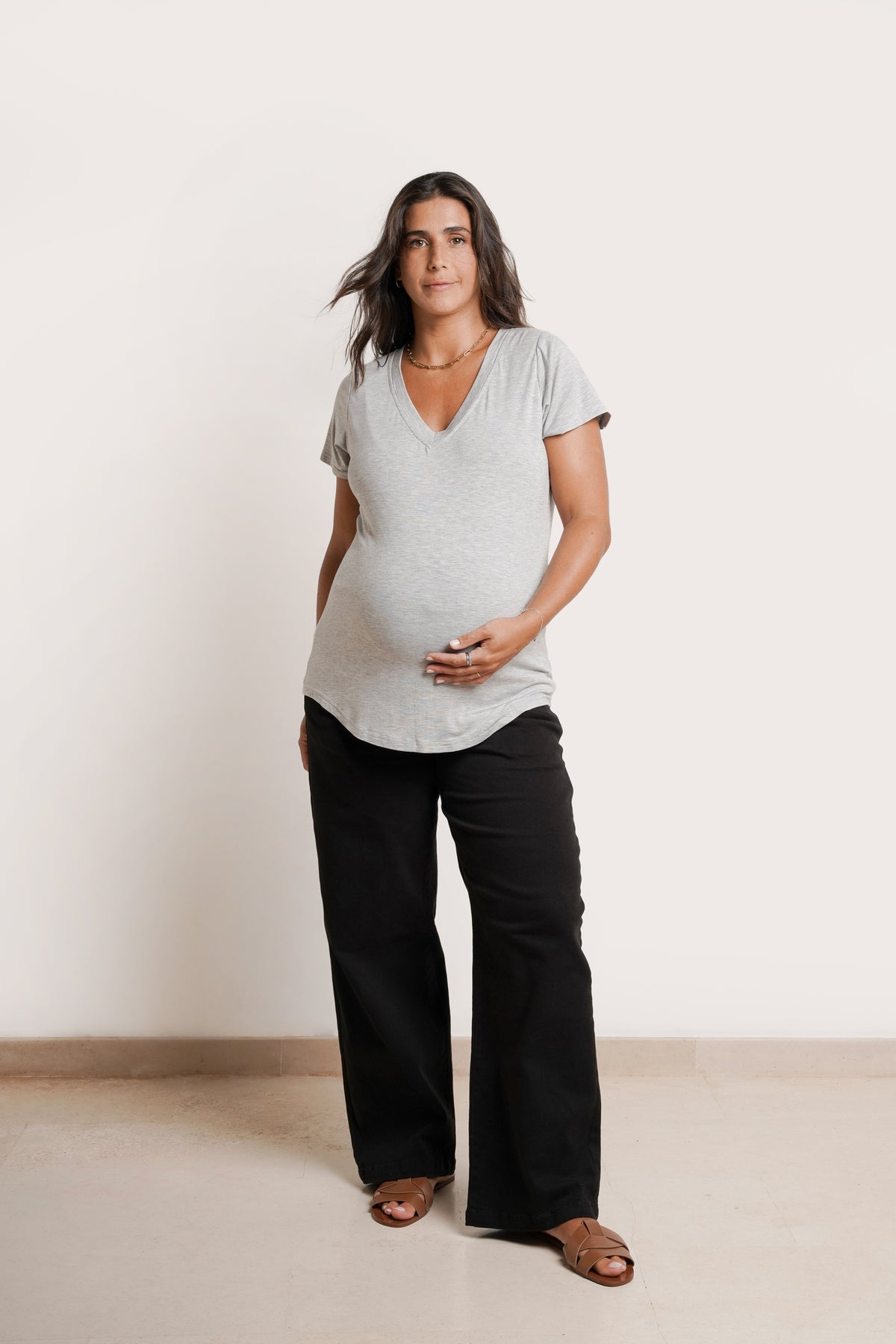 NOM Maternity The Nursing Tee in Heather Grey, full front view showing bump