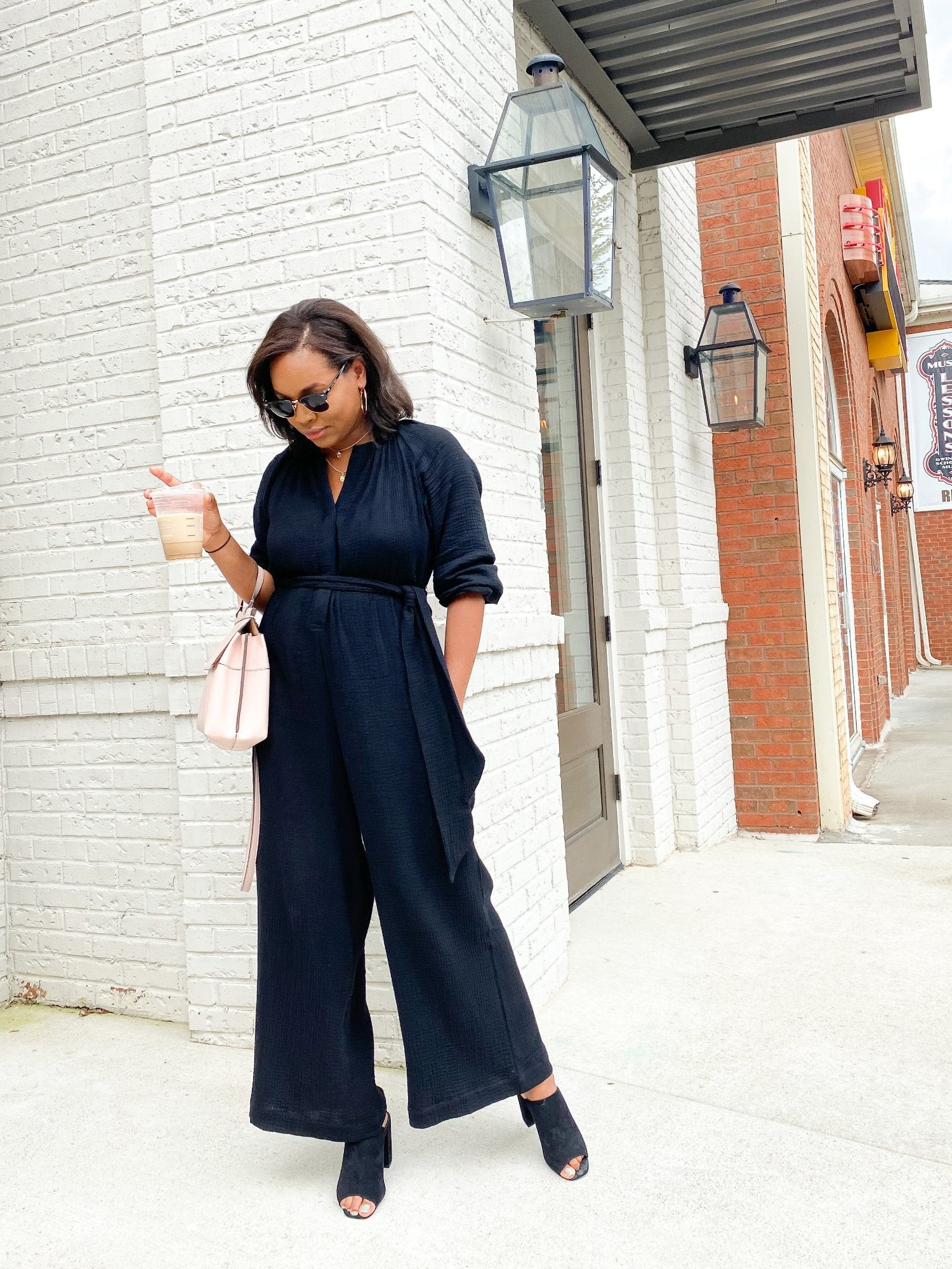 Tracy in the cotton gauze belted maternity jumpsuit for nursing and postpartum