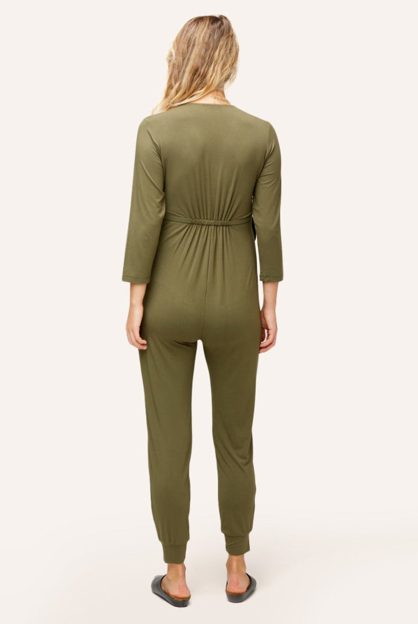 NOM Maternity Amabella Jumpsuit in Olive, back view