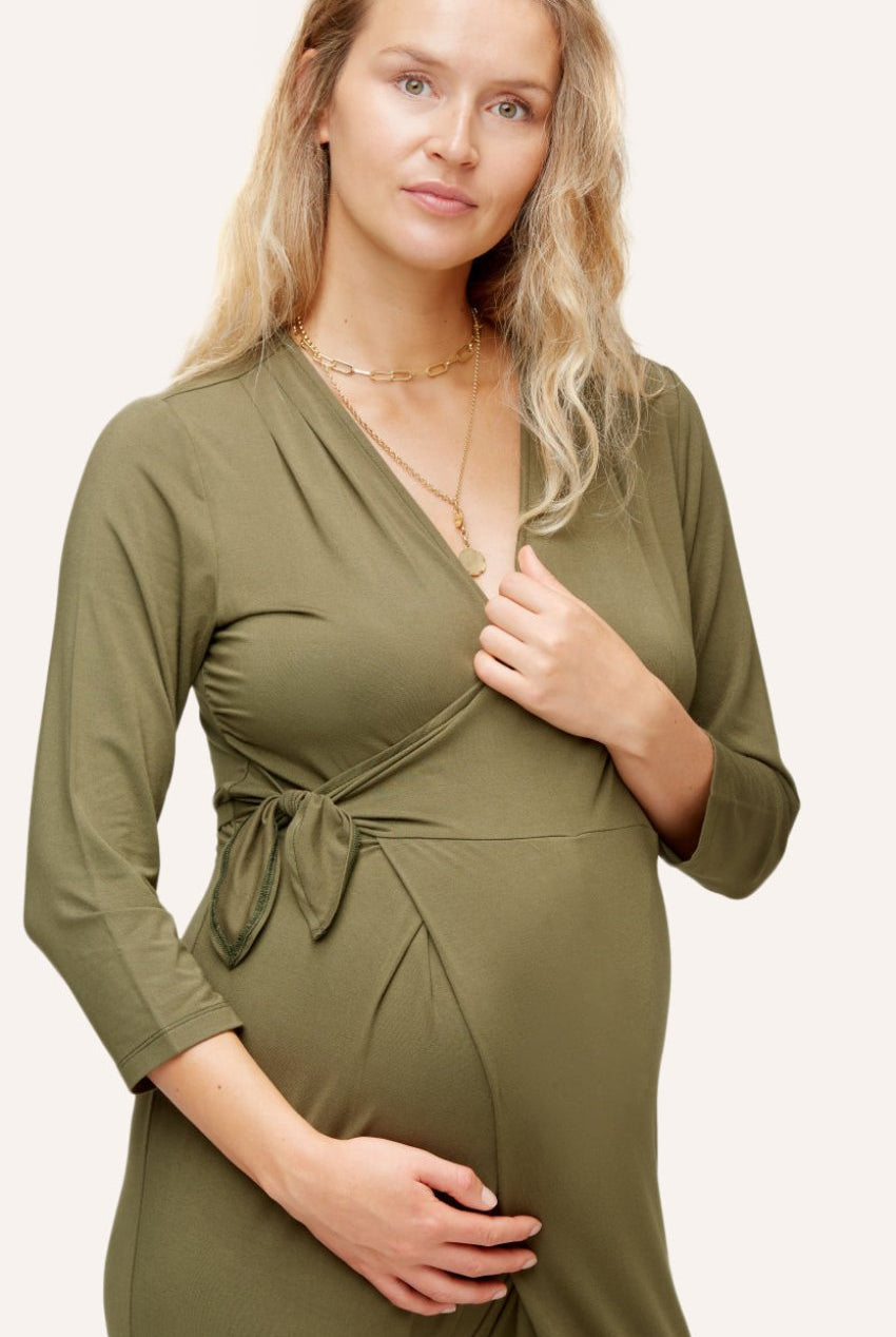 NOM Maternity Amabella Jumpsuit in Olive, close-up view of wrap detail and three-quarter sleeves