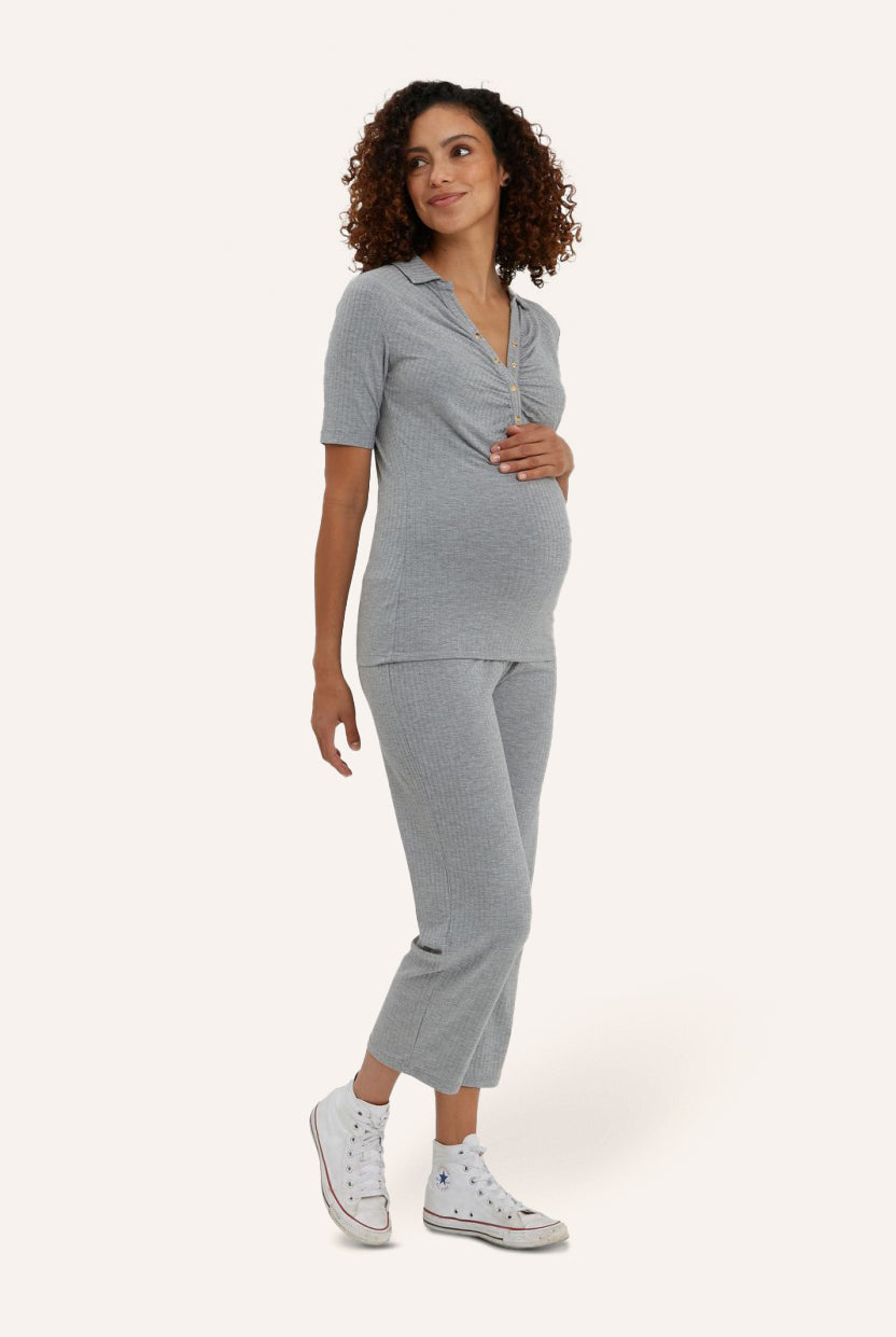 NOM Maternity Calista Top in Heather Gray, three-quarters view with bump