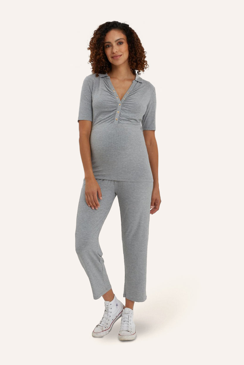 NOM Maternity Camilla Pant in Heather Grey, full front view