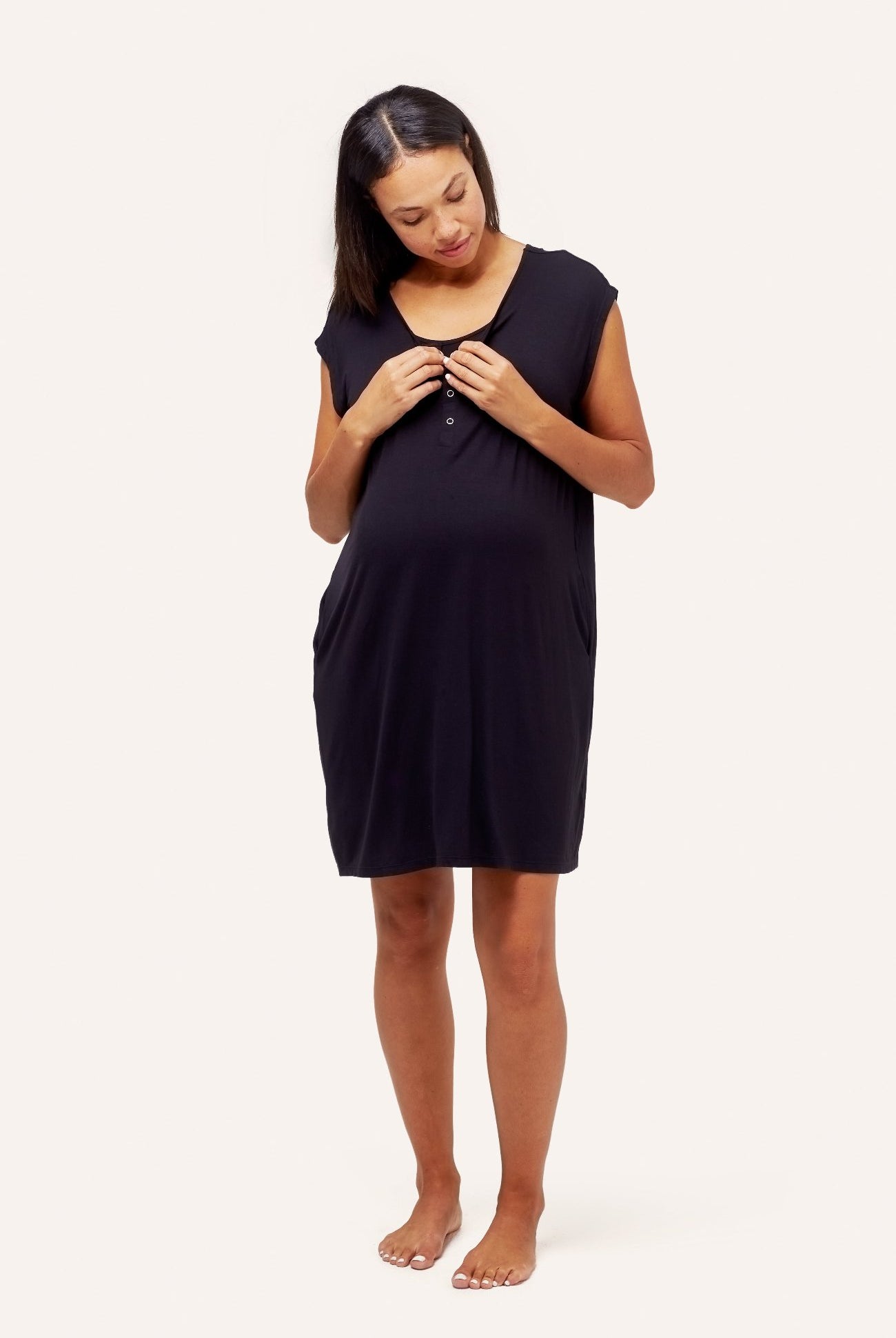 NOM Maternity Clementine Nightgown in Black, full front view with nursing access