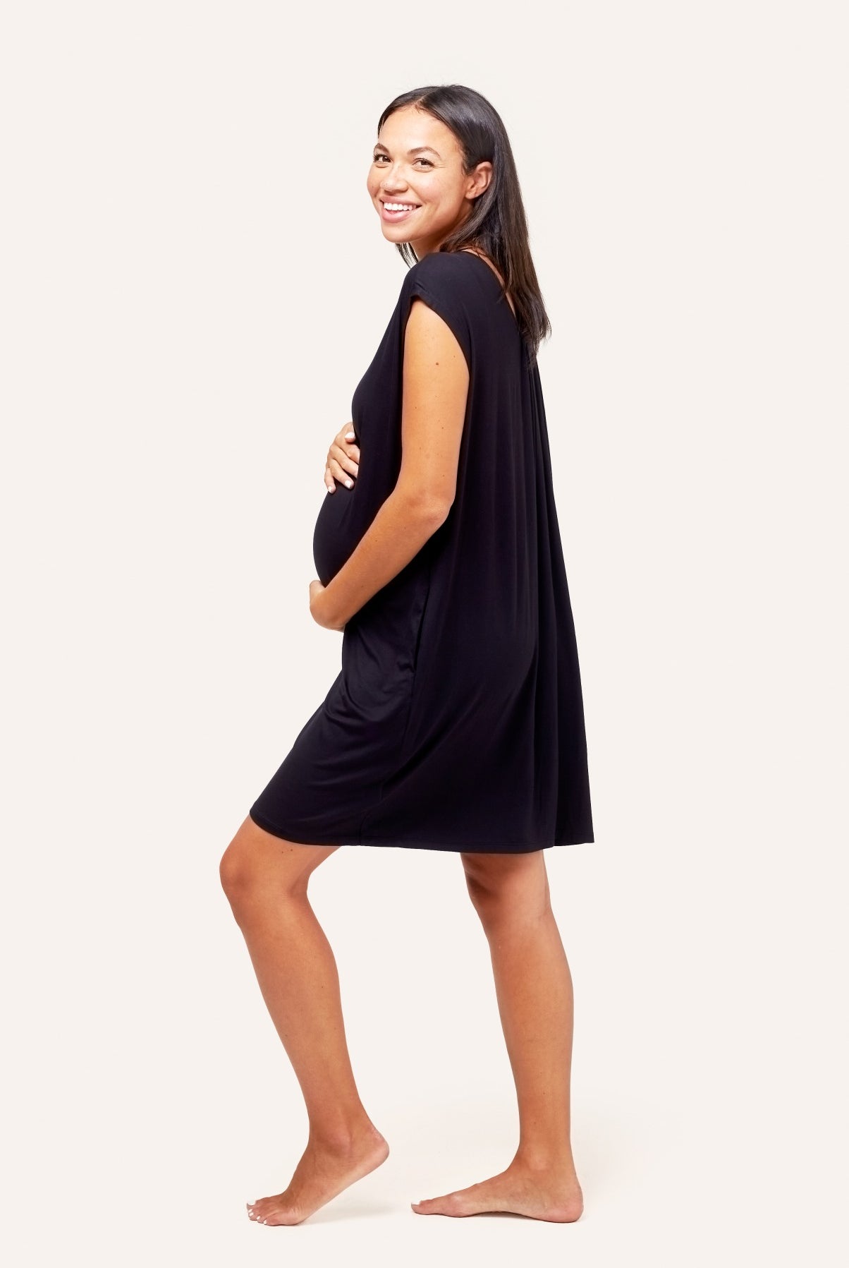 NOM Maternity Clementine Nightgown in Black, full side view with bump