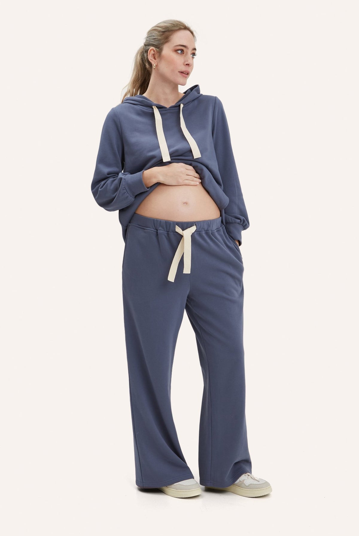 NOM Maternity Crosby Nursing Hoodie in Slate, relaxed front view with bump
