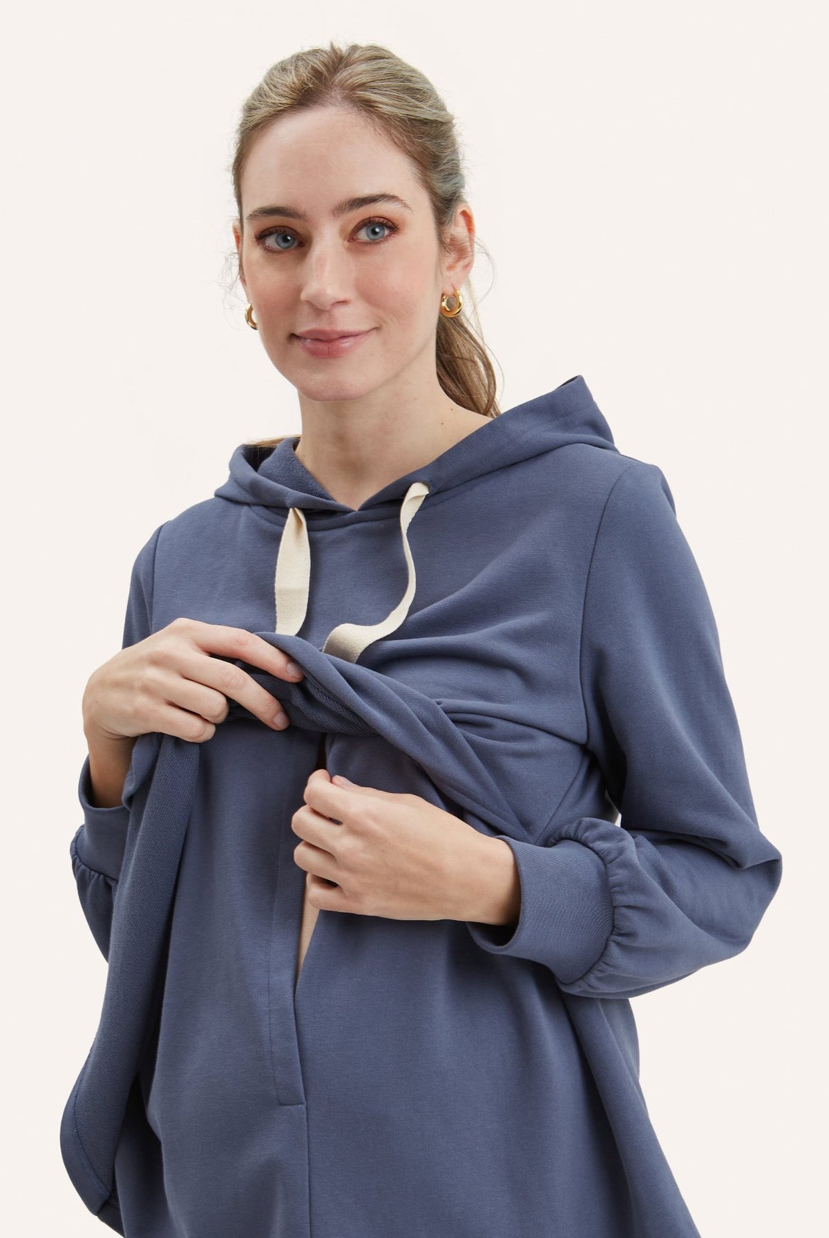 NOM Maternity Crosby Nursing Hoodie in Slate, close-up view with nursing access