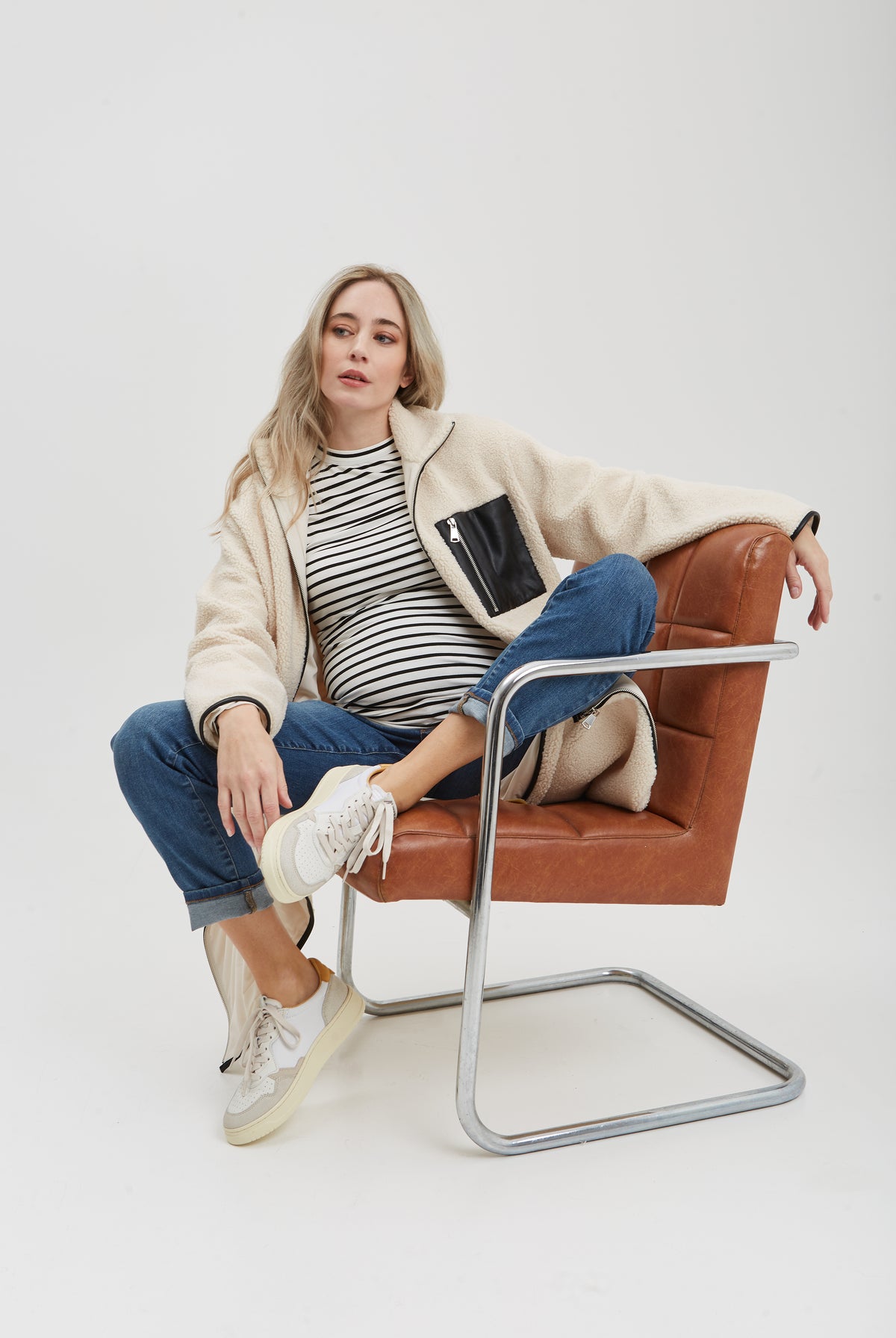 NOM Maternity Teddi Coat in Cream, front view styled