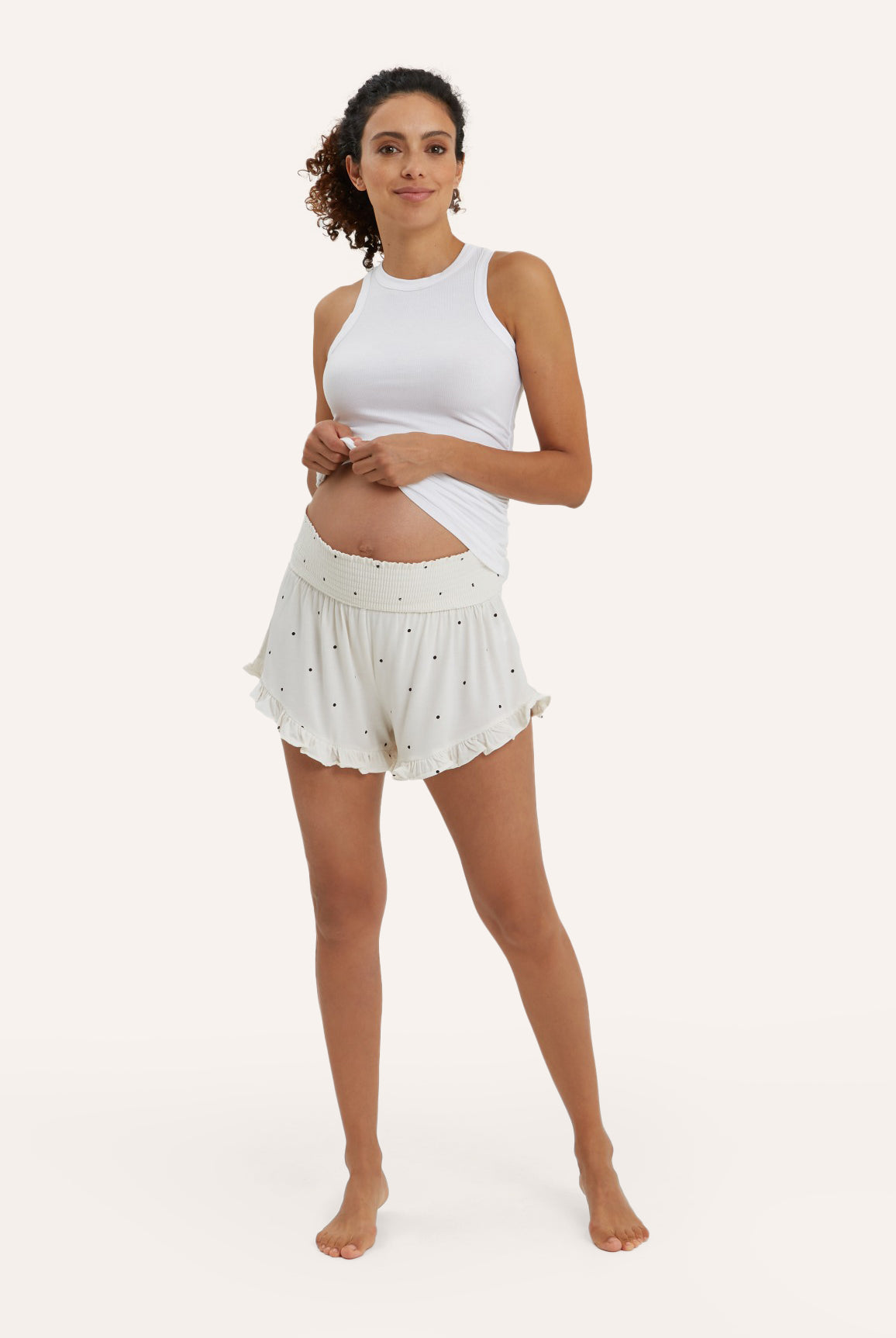NOM Maternity Fleur Smocked Maternity Short in Gardenia Dot, full front view