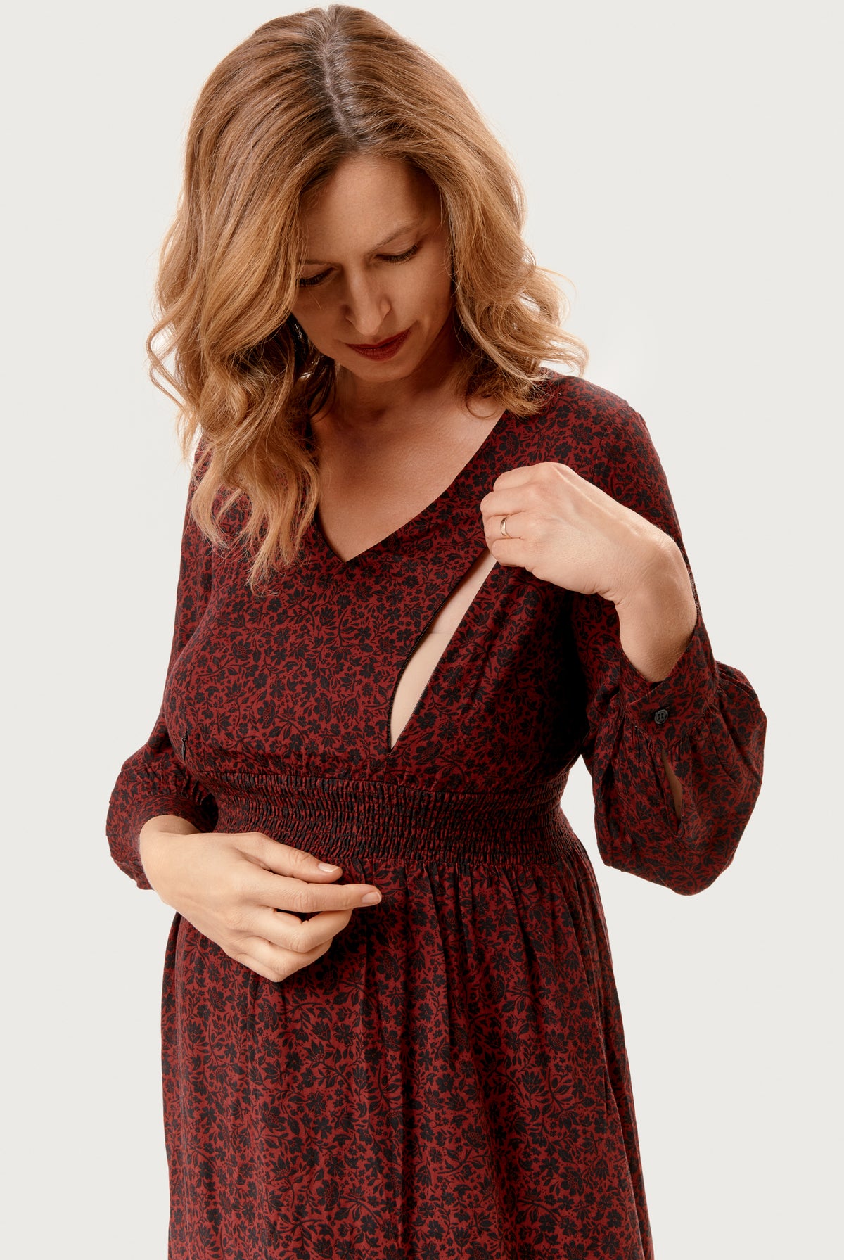 NOM Maternity Leila Dress in Burgundy Floral, showing nursing access with invisible zippers