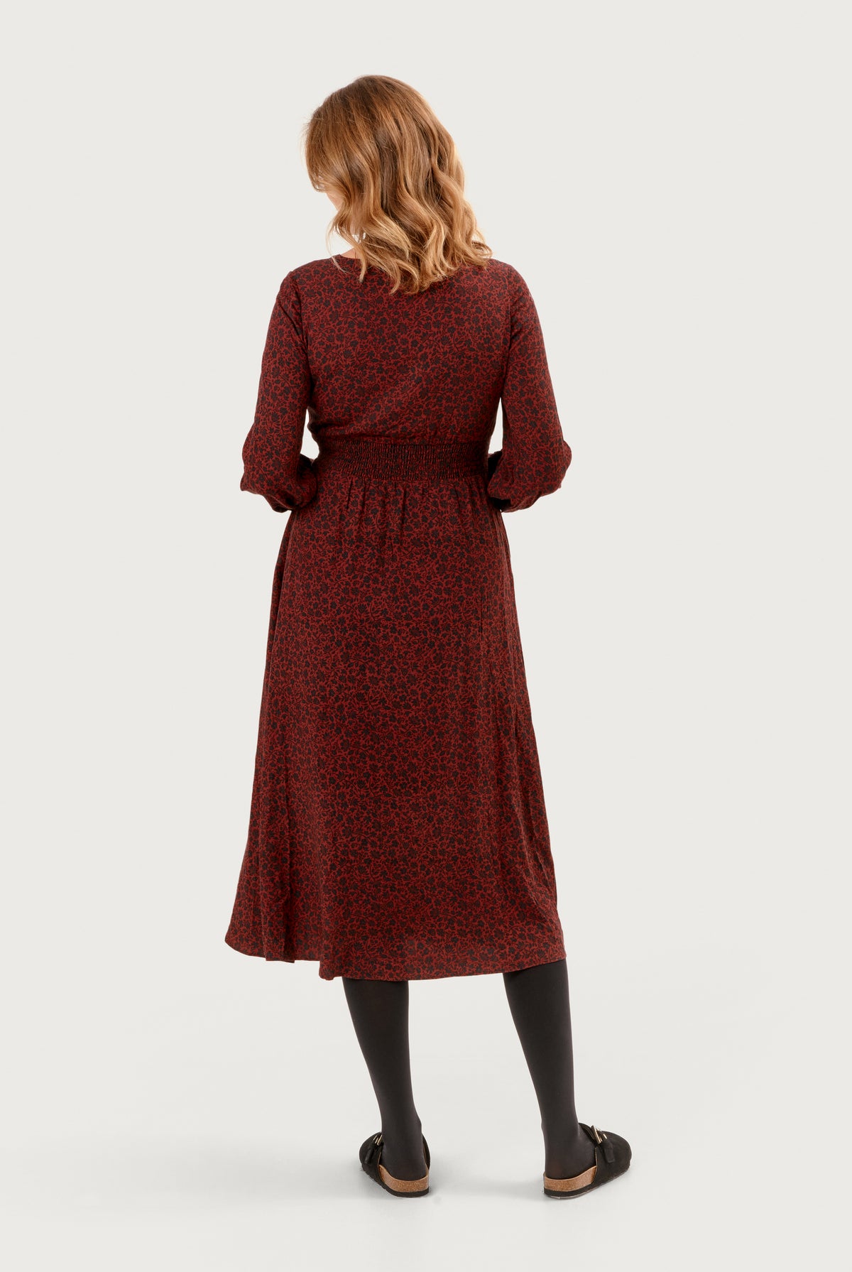 NOM Maternity Leila Dress in Burgundy Floral, back view