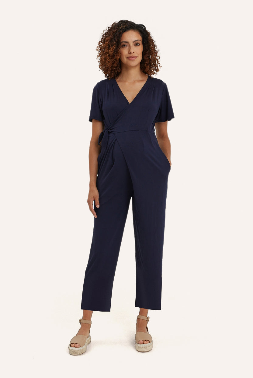 NOM Maternity Lucia Jumpsuit in Navy, full front view