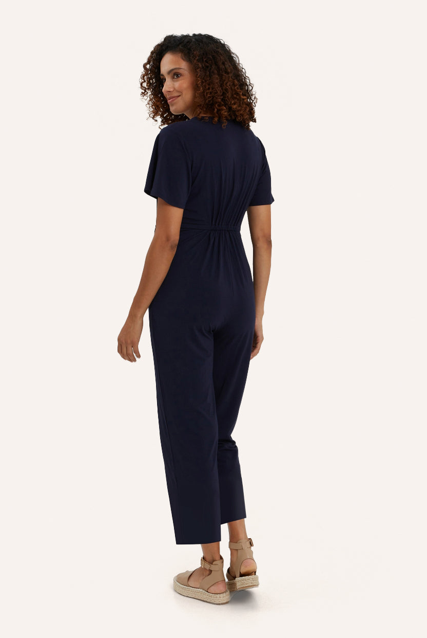 NOM Maternity Lucia Jumpsuit in Navy, back view