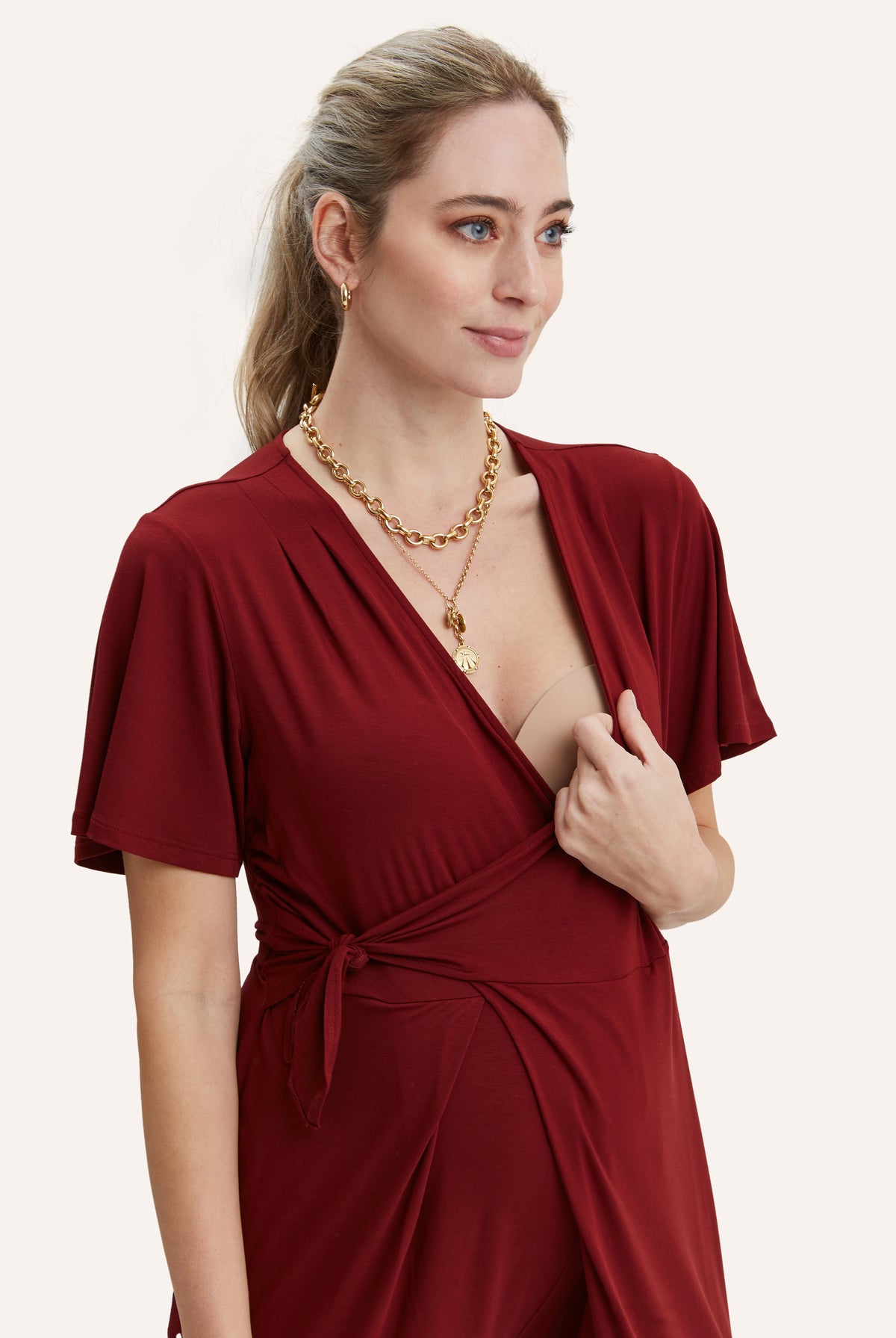 NOM Maternity Lucia Jumpsuit in Claret, showing nursing access