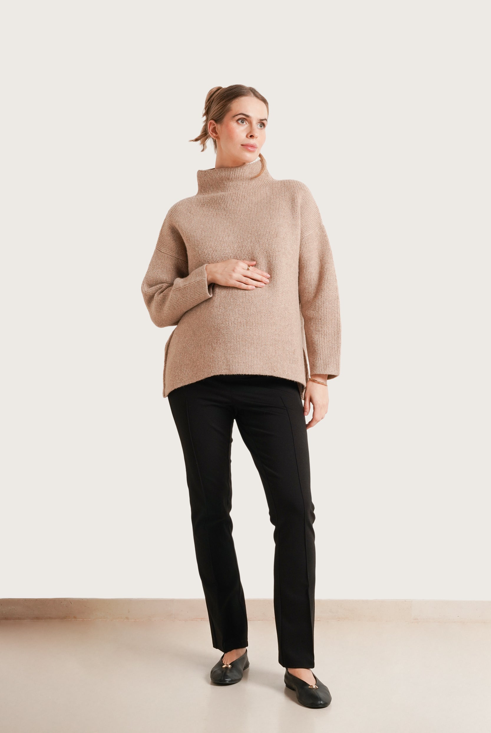 NOM Maternity Lia Nursing Sweater in Fawn, full front view
