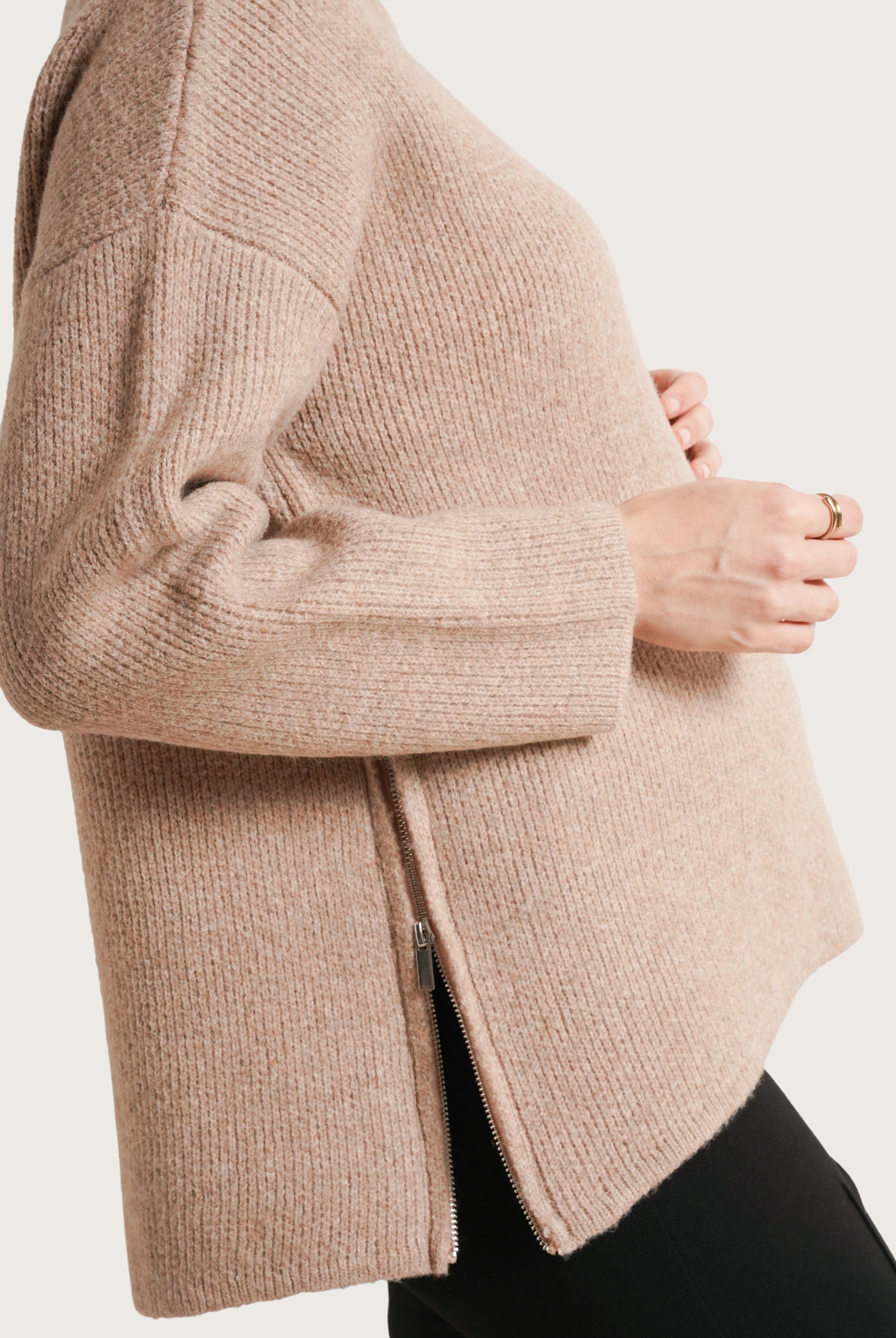 NOM Maternity Lia Nursing Sweater in Fawn, side view showing fabric detail and side zipper for nursing access