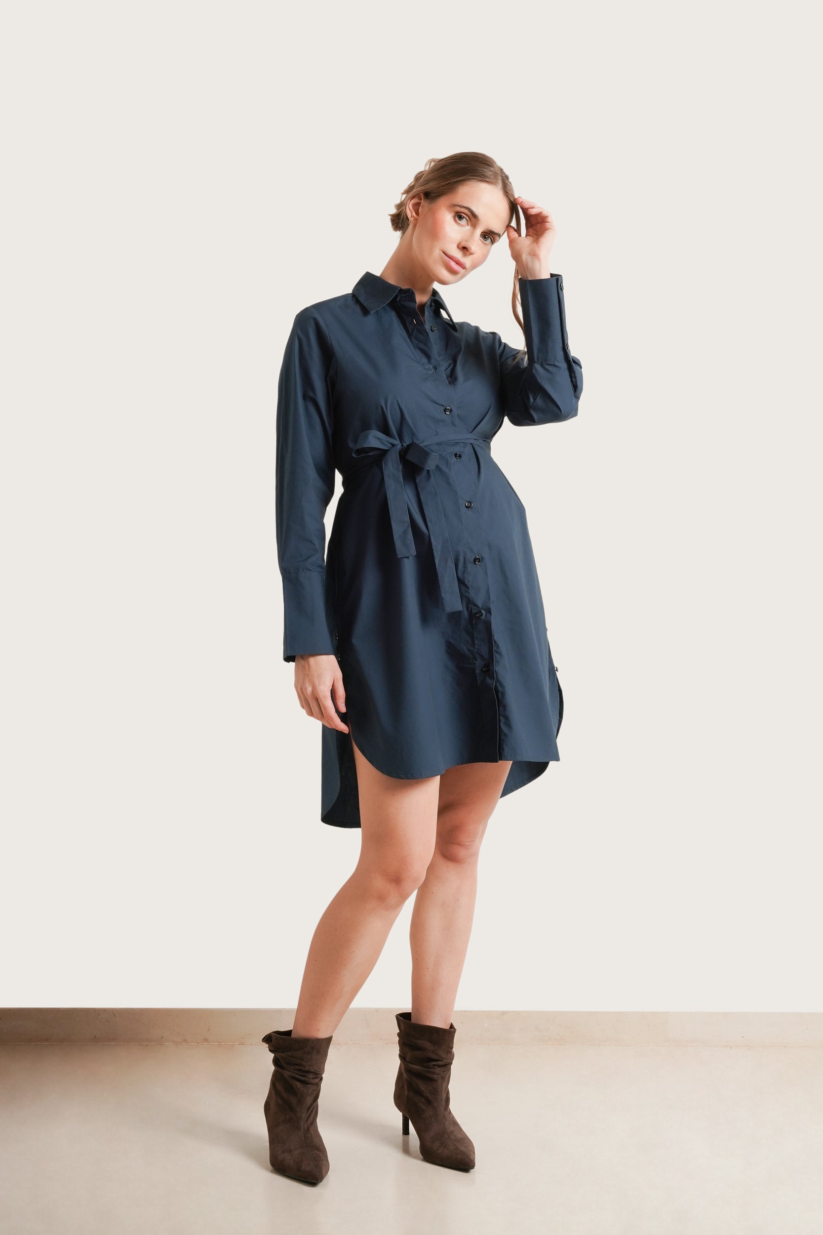 NOM Maternity The Weekday Dress in Dark Teal, full front view with tie in front
