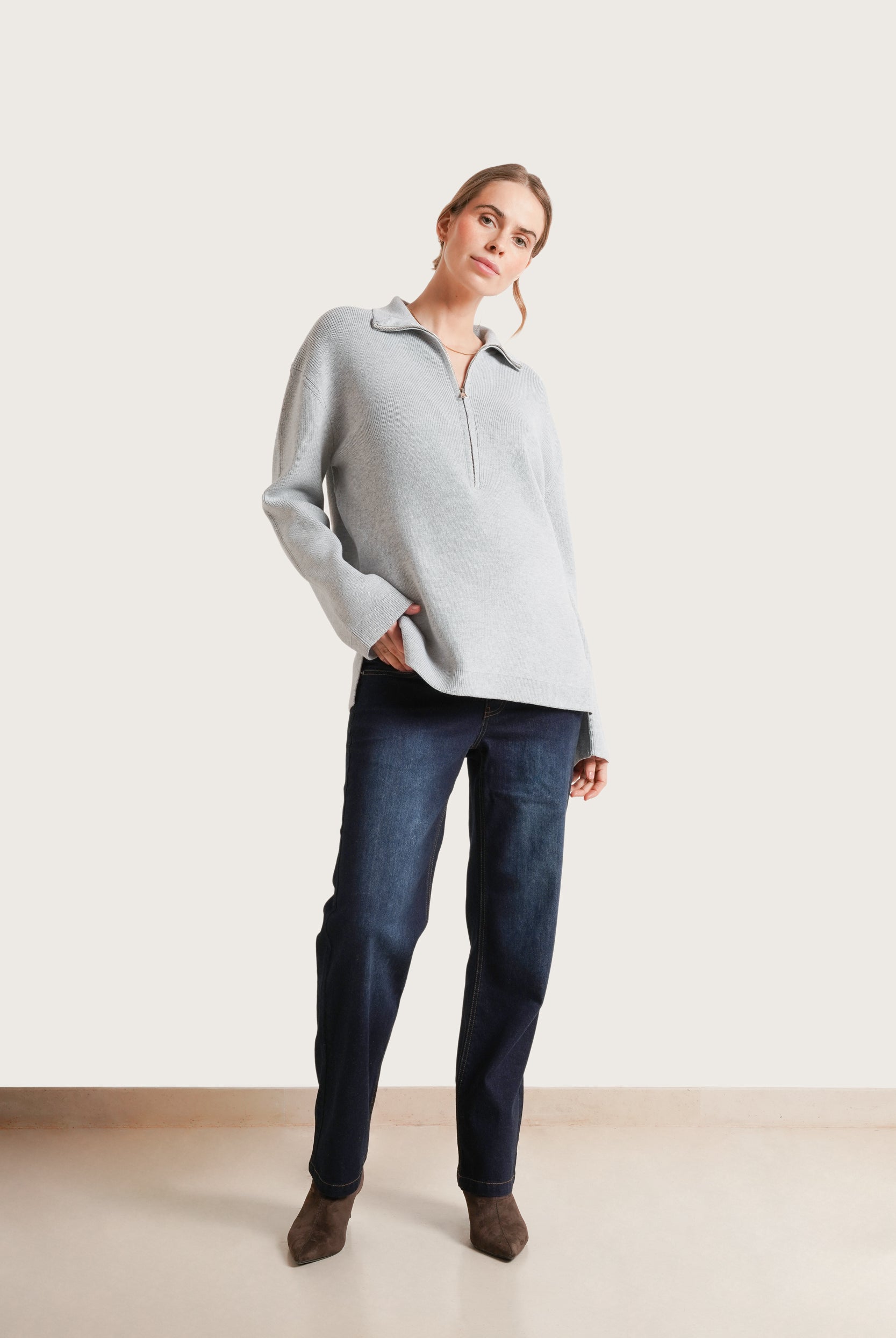 NOM Maternity Blaire 3/4 Zip Sweater in Grey, full front view