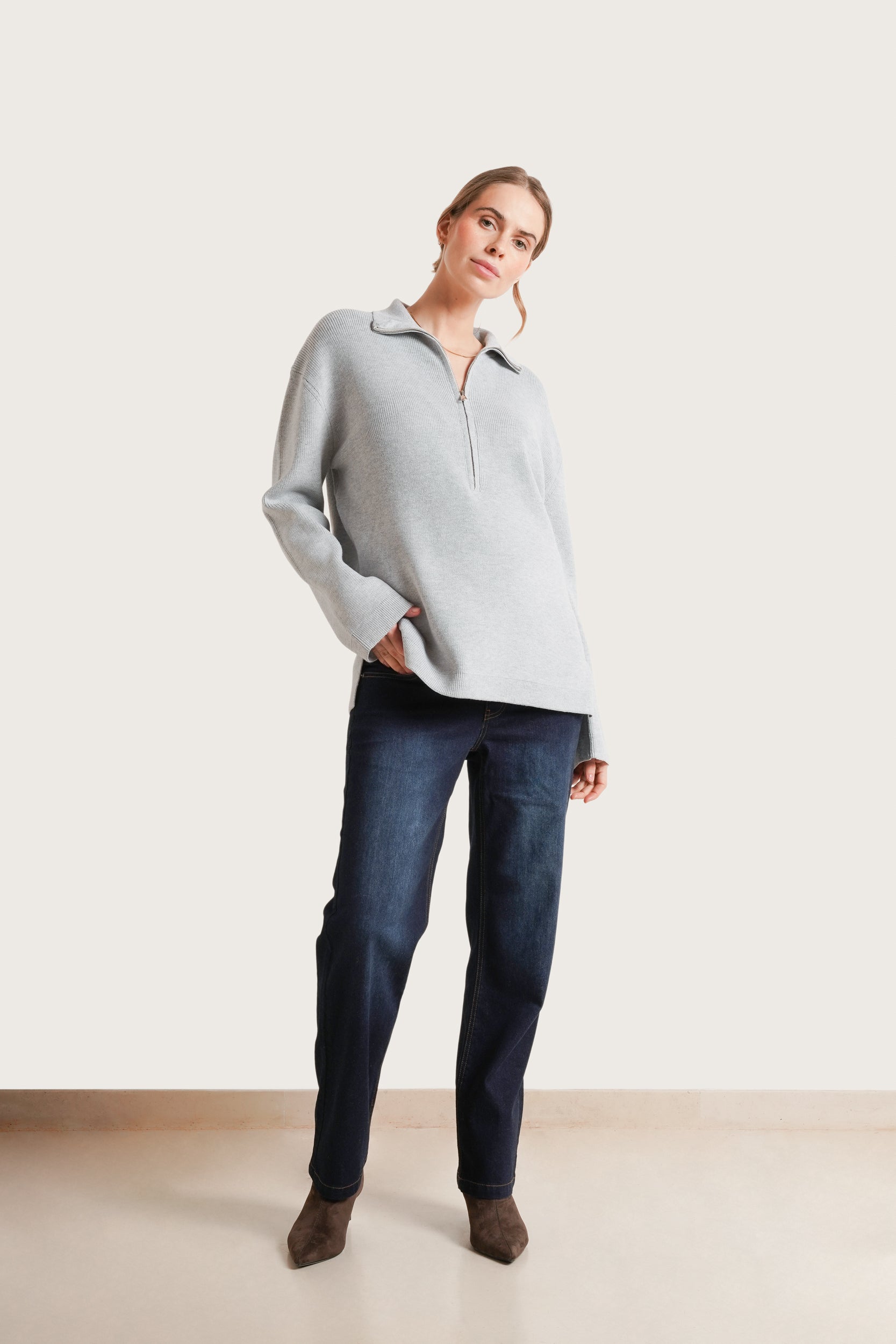 NOM Maternity Blaire 3/4 Zip Sweater in Grey, full front view
