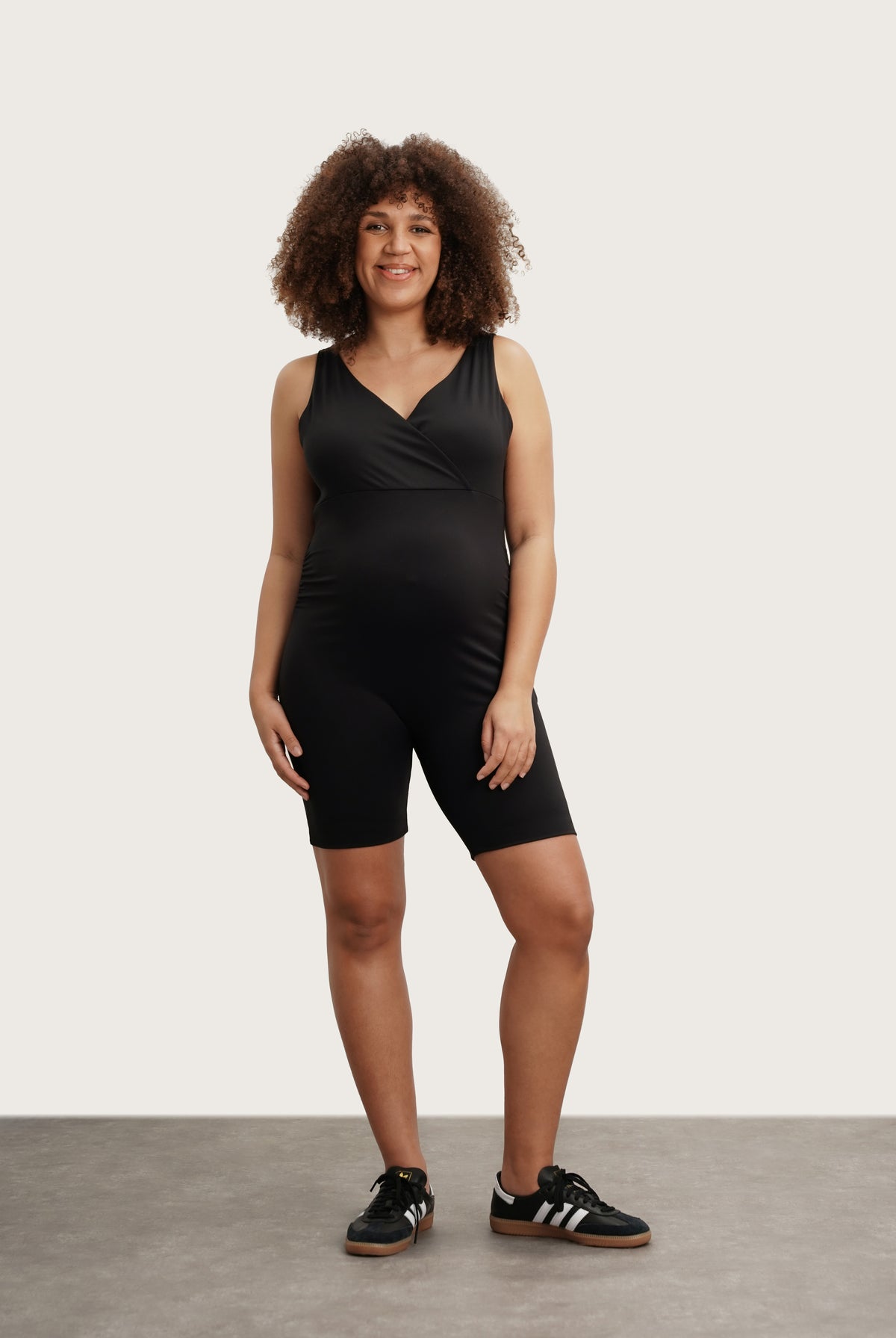 NOM Maternity Stretch & Support Romper in Black, full front view