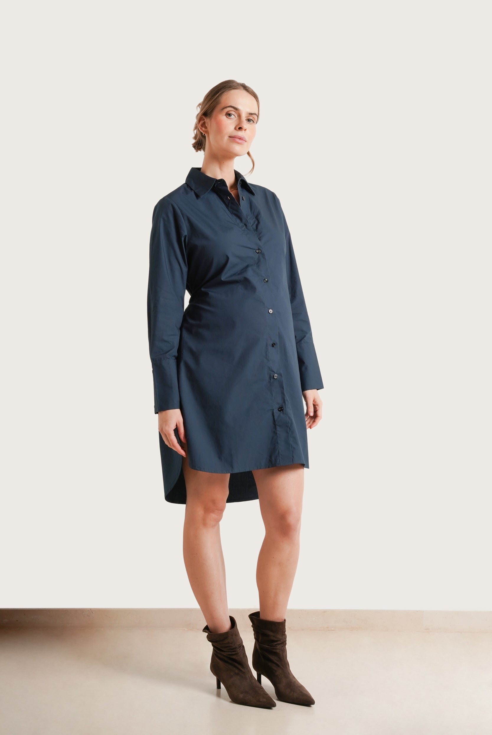 NOM Maternity The Weekday Dress in Dark Teal, full front view with tie in back