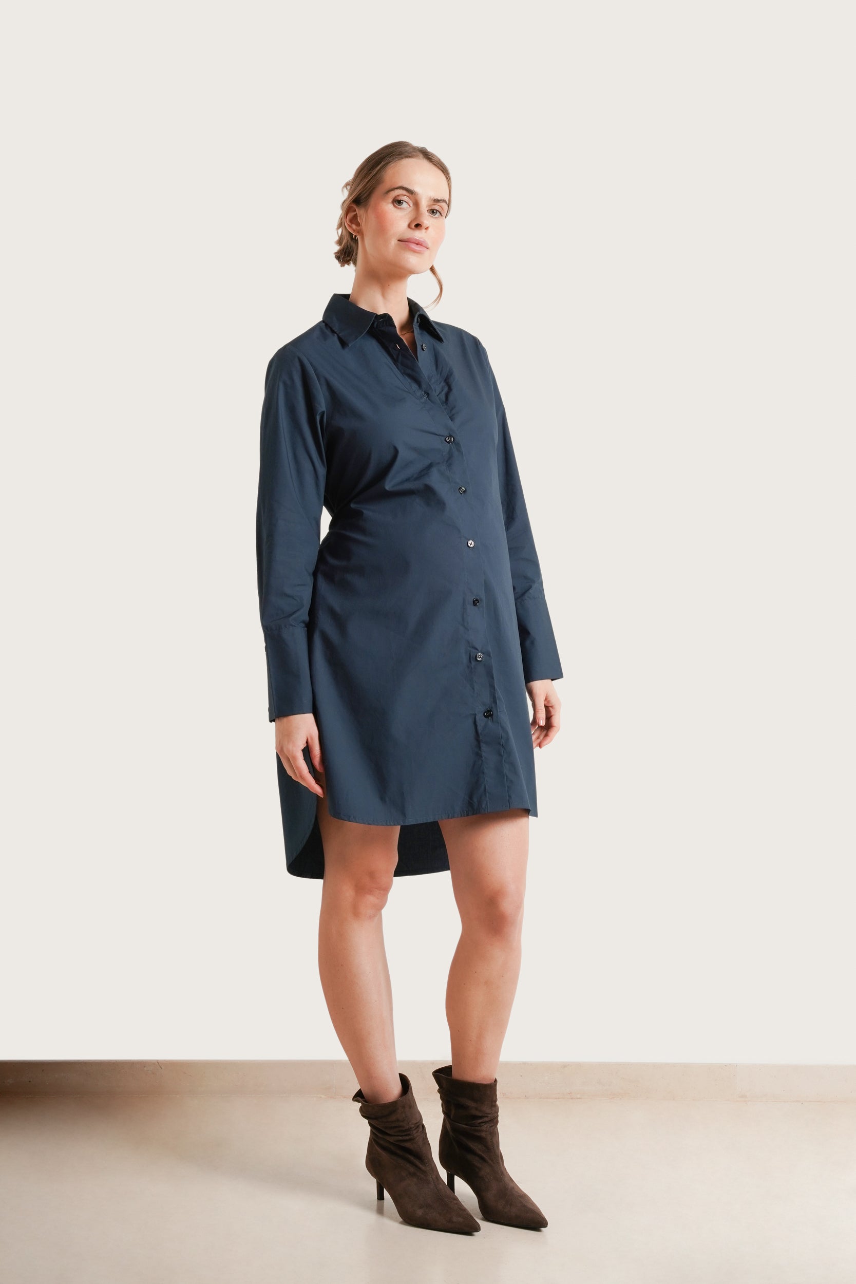 NOM Maternity The Weekday Dress in Dark Teal, full front view with tie in back