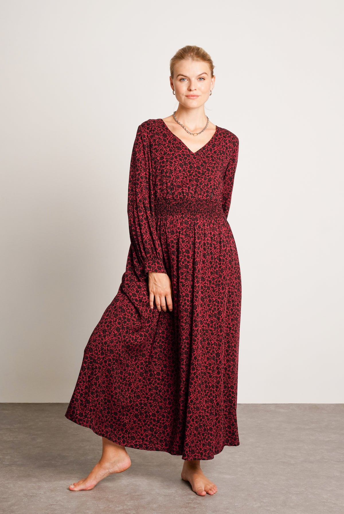 NOM Maternity Leila Dress in Burgundy Floral, full front view