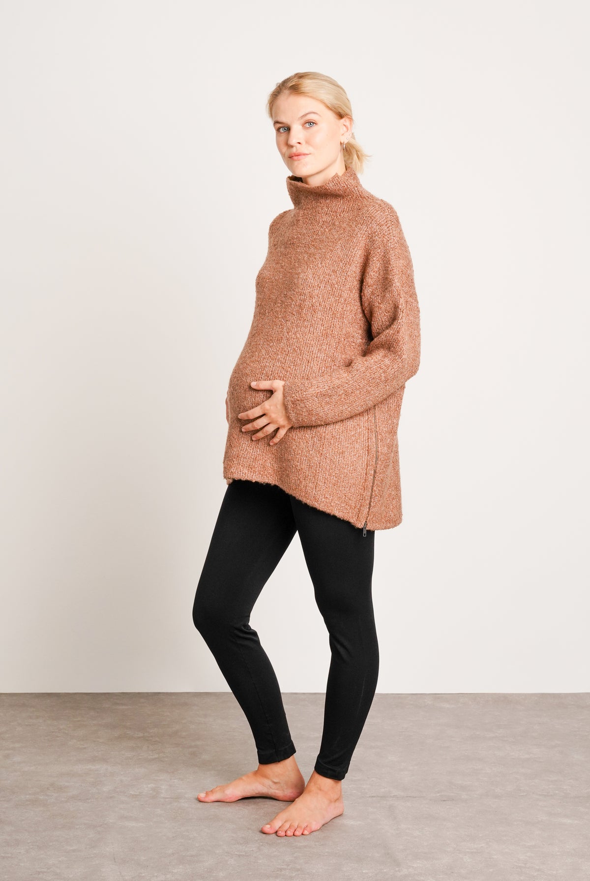 NOM Maternity Lia Nursing Sweater in Mocha, three-quarter view with bump