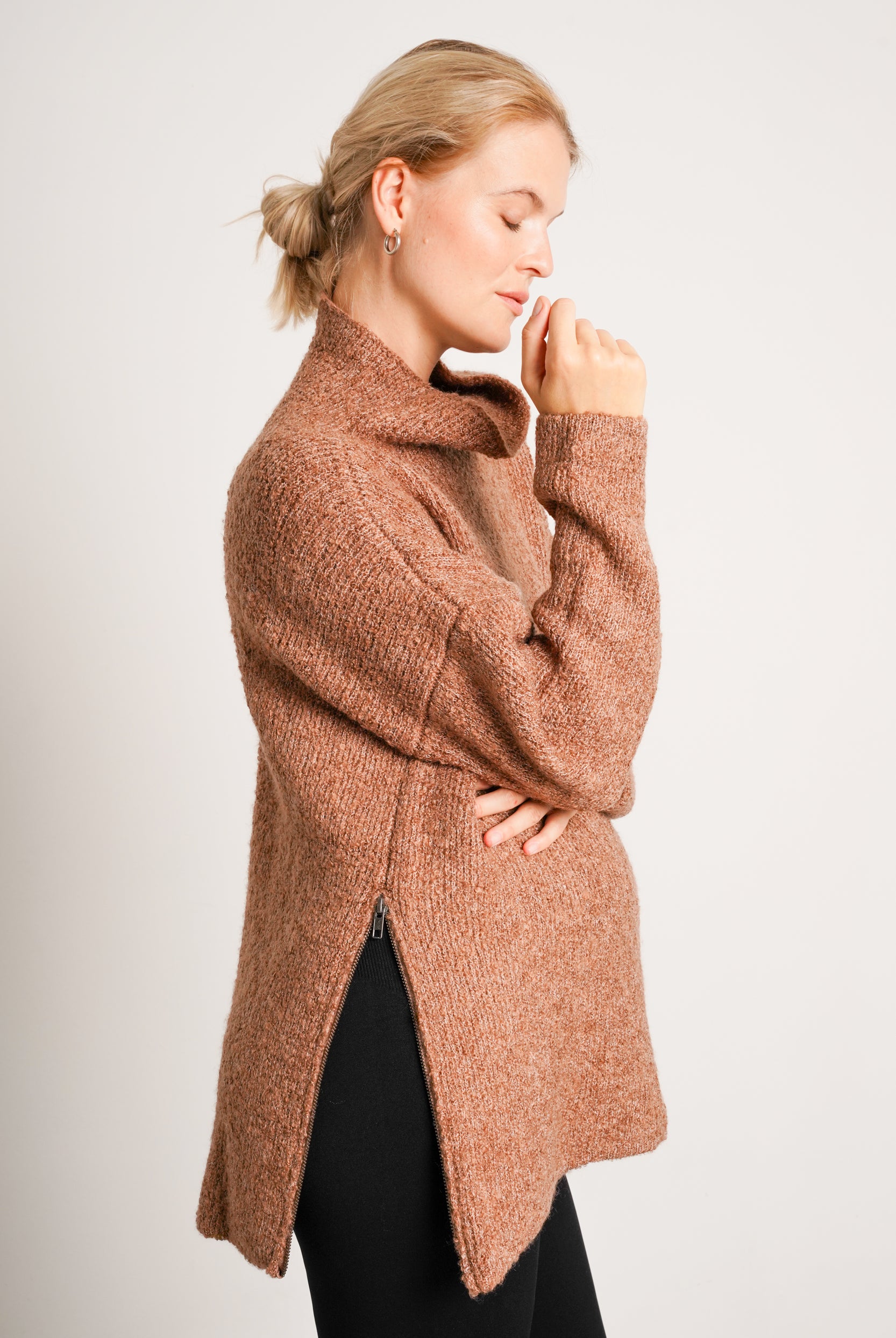 NOM Maternity Lia Nursing Sweater in Mocha, side view showing fabric detail and side zipper for nursing access and bump friendly fit