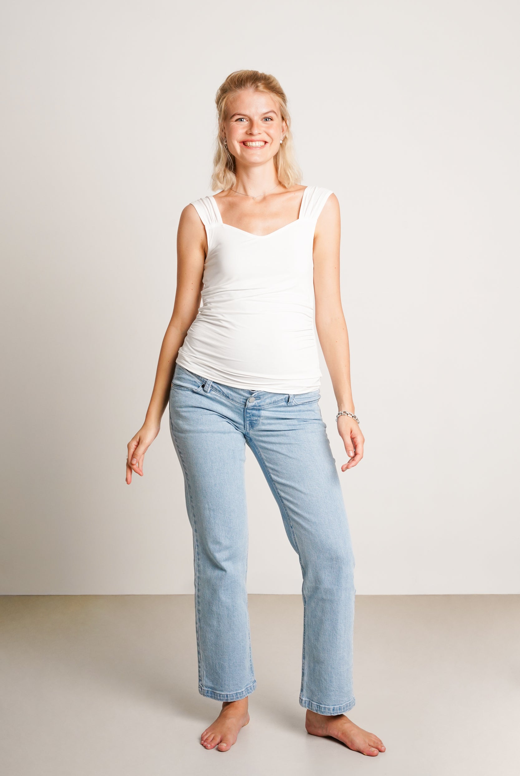 NOM Maternity Hailey Straight Leg Jeans in Light Wash, full front view